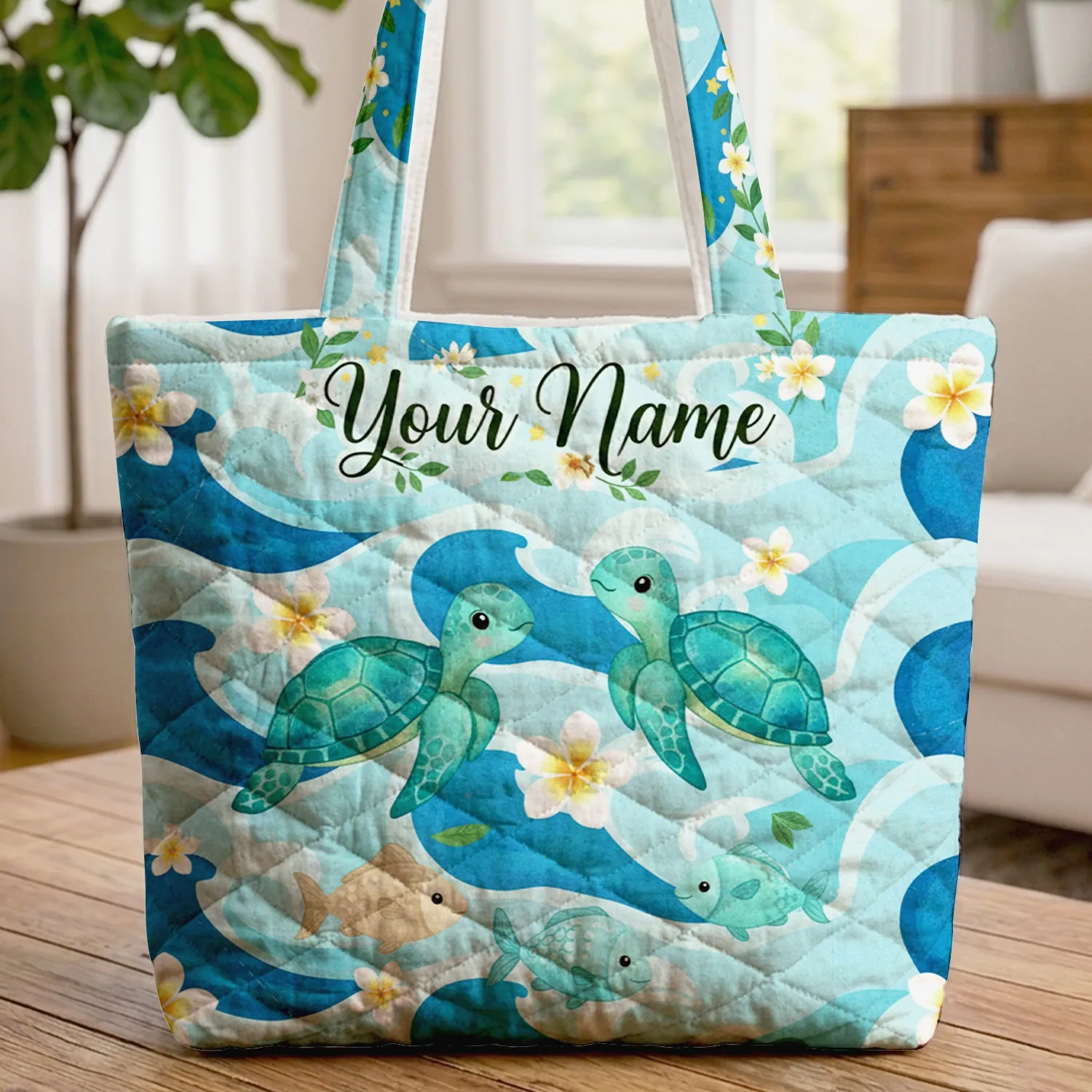 Ocean Waves Sea Turtles Plumeria Floral Garland - Beach Vacation Gift for Ocean Lover Quilted Tote Bag - 1