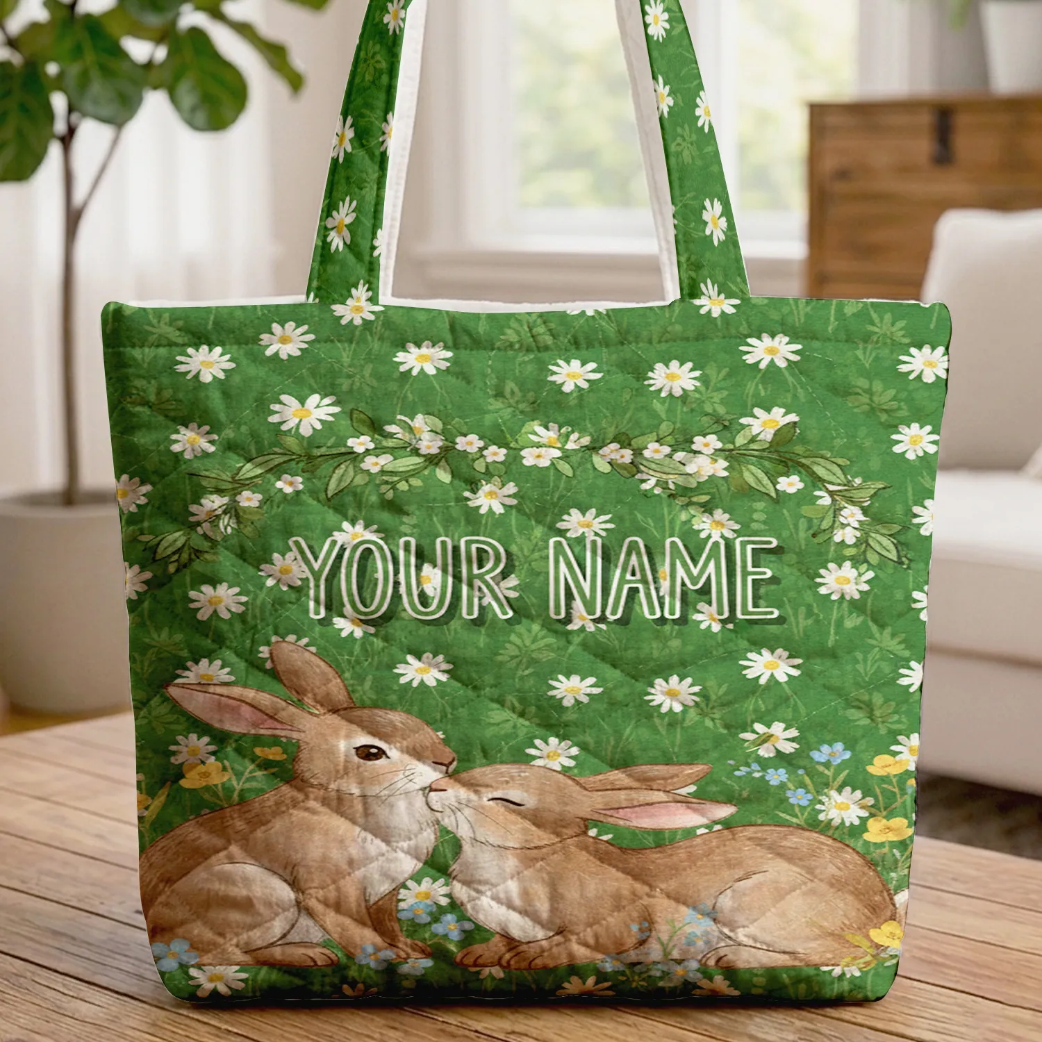 Three Bunnies Wildflower Meadow Daisies - Everyday Carry for Animal Lover Quilted Tote Bag - 1