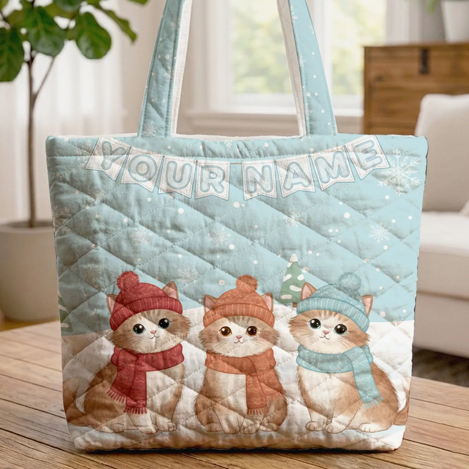 Kittens Snowflakes Pine Trees Personalized Name - Winter Gift for Cat Lover Quilted Tote Bag - 1