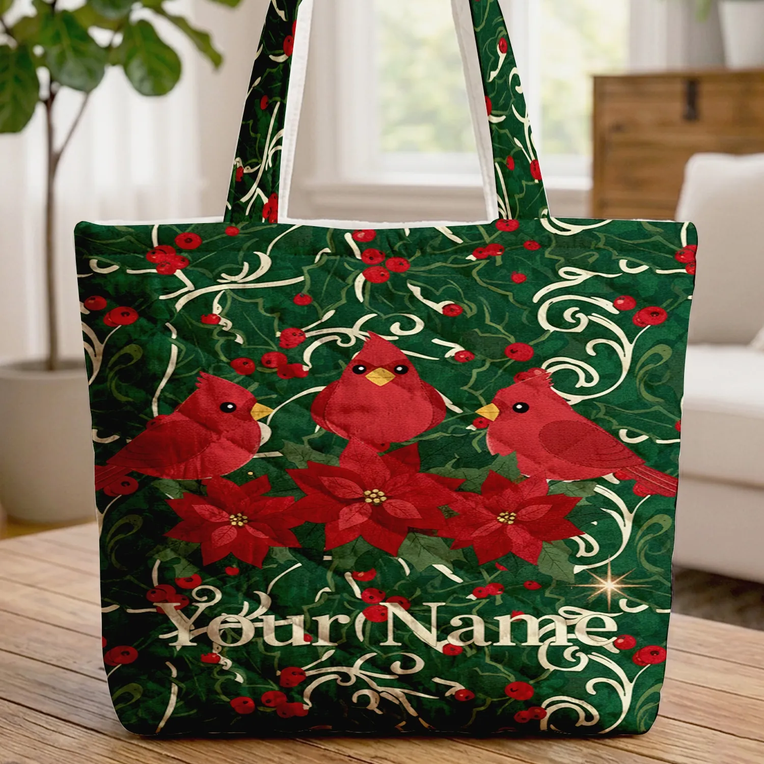 Red Cardinals Holly Berries Snow Poinsettia Wreath - Christmas Holiday Gift Quilted Tote Bag - 1