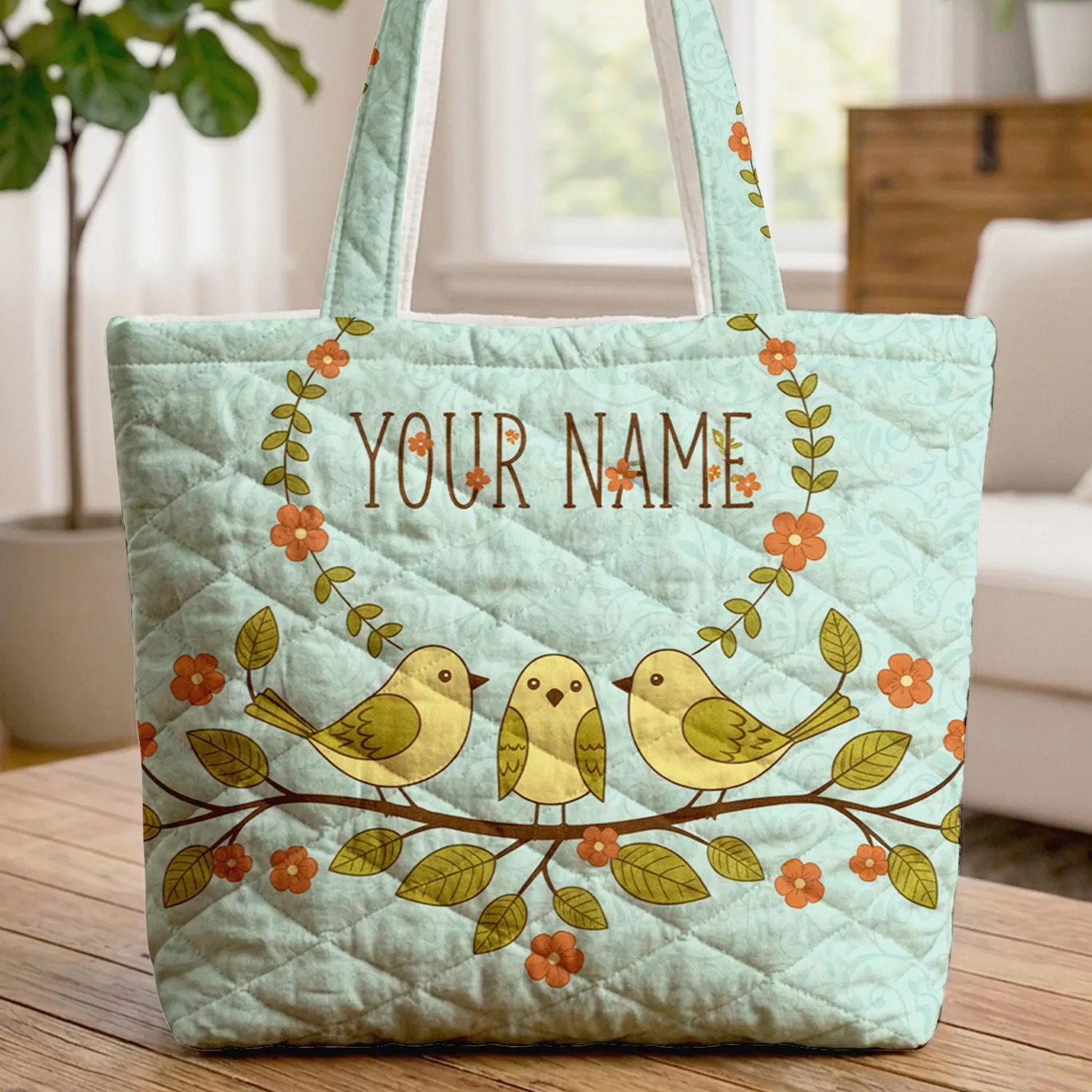 Three Birds Perched Branch Floral Wreath Name - Wildlife Lover Everyday Gift Quilted Tote Bag - 1