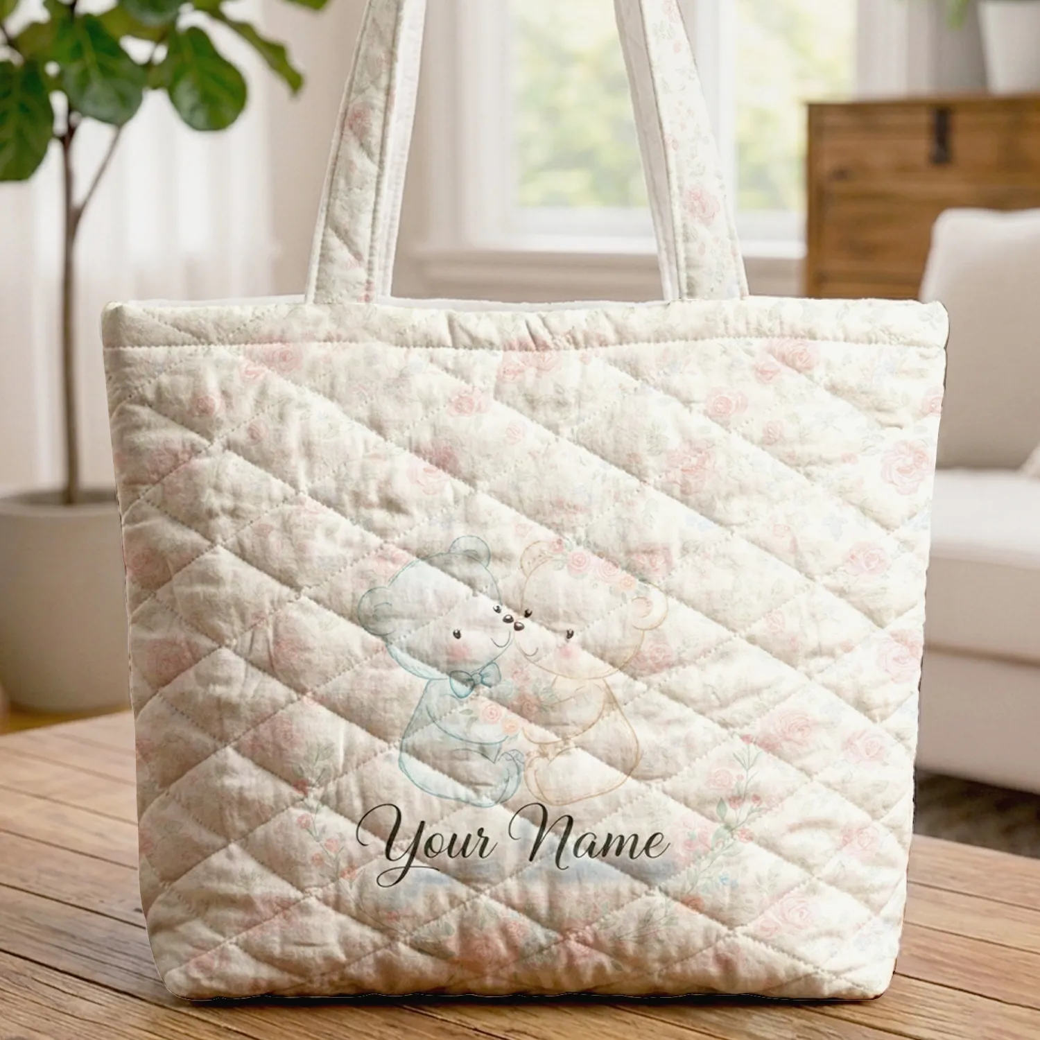 Bears Nuzzling Pastel Roses & Blossoms Floral Wreath - Sweetheart Couple Gift Quilted Tote Bag - 1