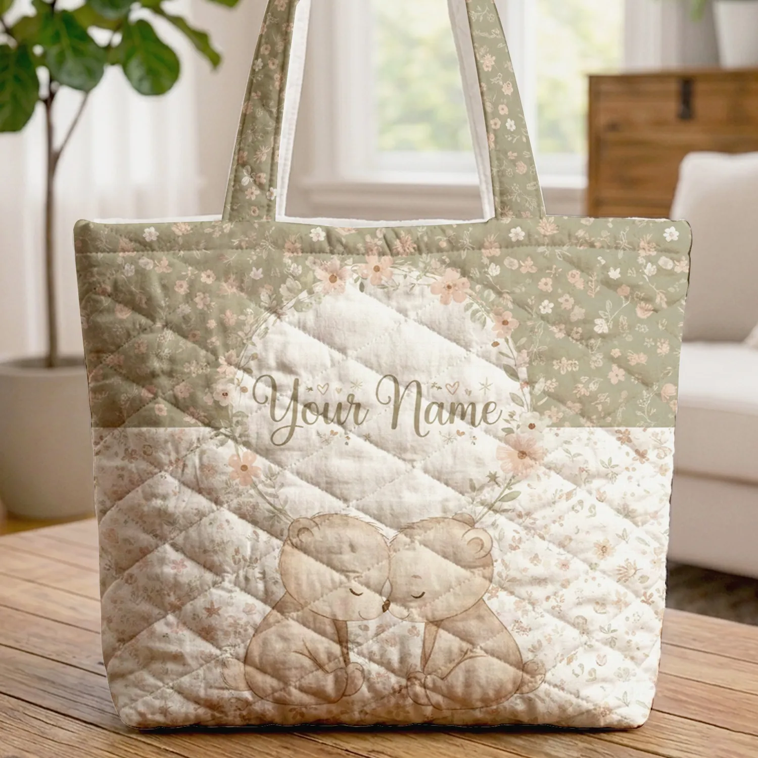 Baby Bears Nuzzling Wildflower Wreath - Nature Lover Gift for Kids Quilted Tote Bag - 1