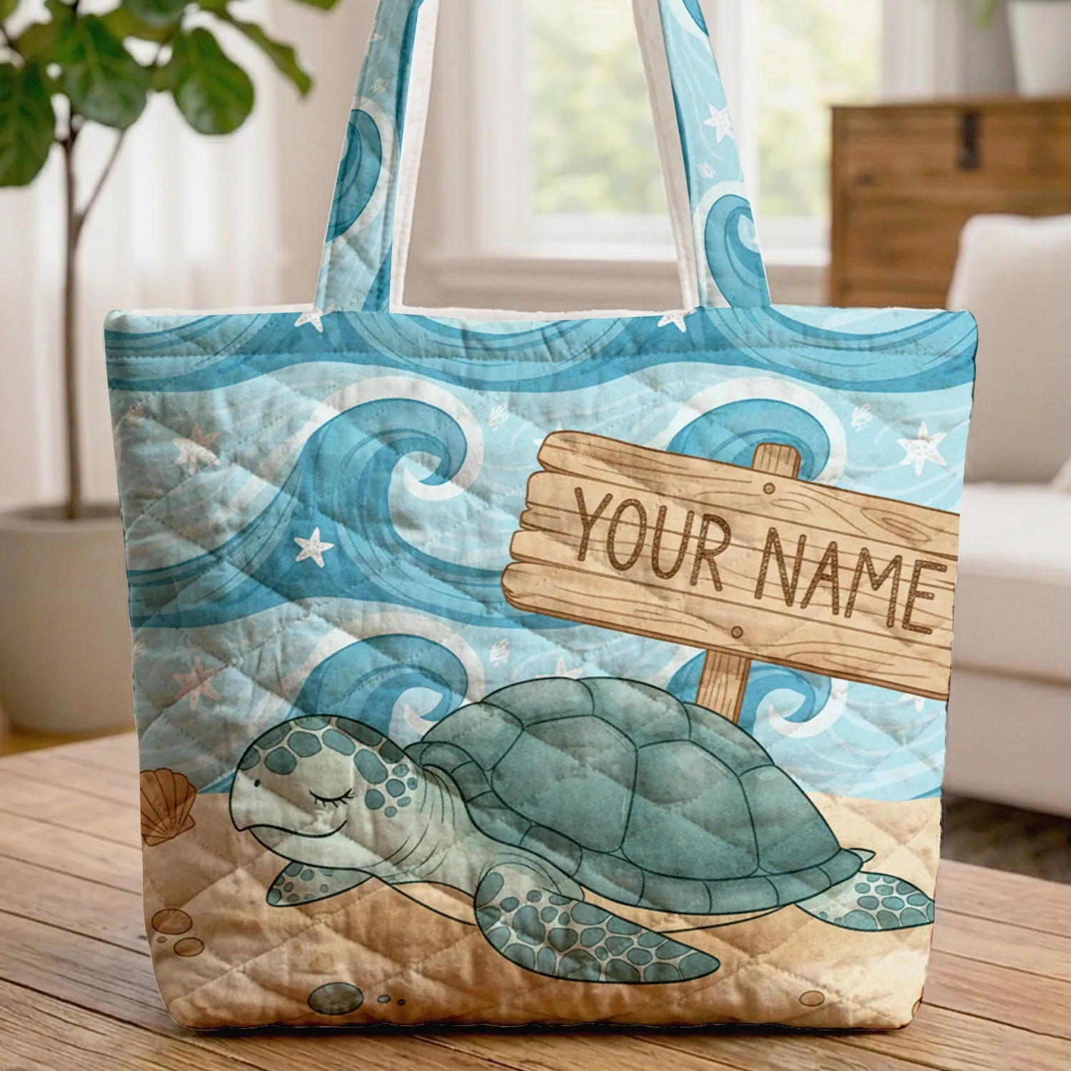 Sea Turtle Ocean Floor Starfish Seashell - Wildlife Lover Gift Quilted Tote Bag - 1