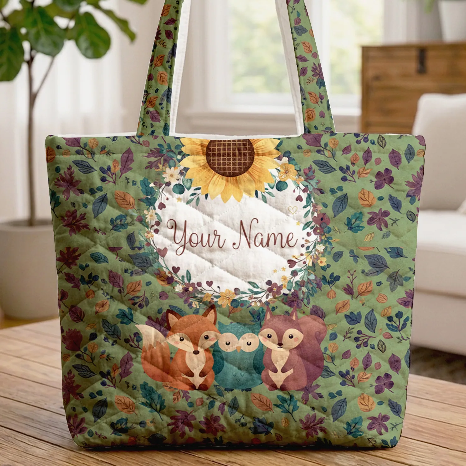 Sunflower Autumn Leaves Floral Wreath - Personalized Nature Lover Gift Quilted Tote Bag - 1