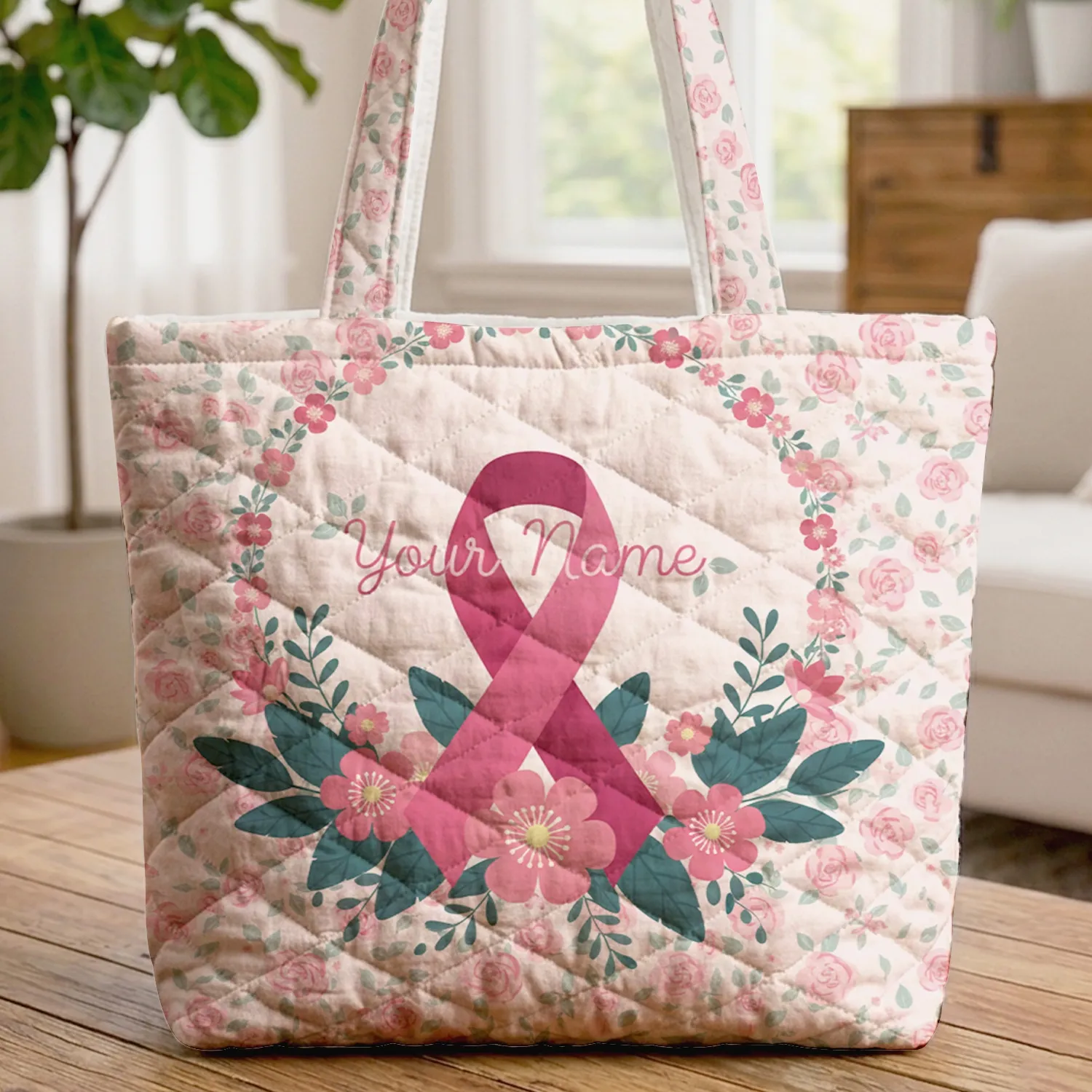 Breast Cancer Ribbon Wild Rose Blossoms Floral Wreath Personalized Name - Awareness Gift Quilted Tote Bag - 1