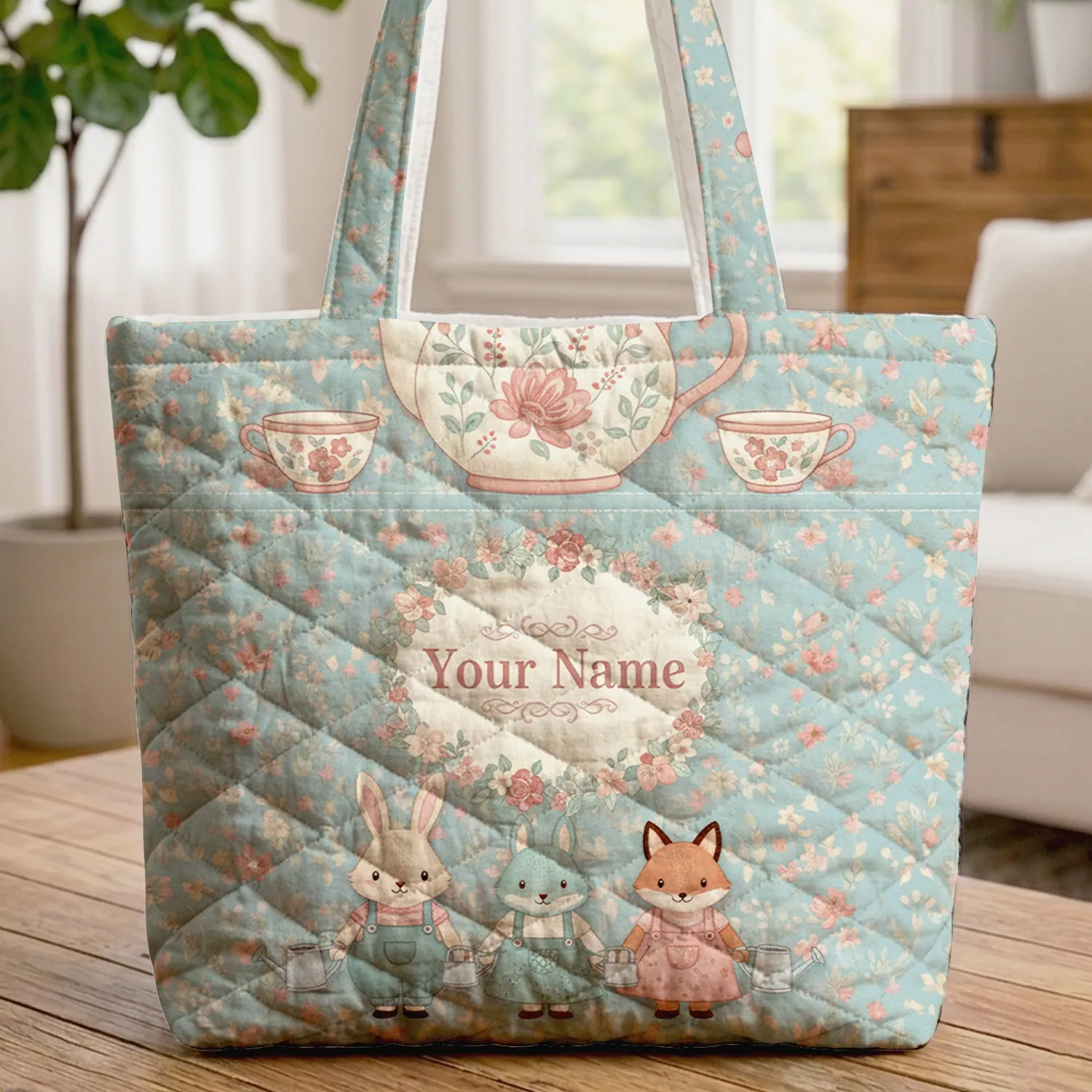 Teapots Teacups Wildflowers - Tea Party Gift for Tea Lovers Quilted Tote Bag - 1