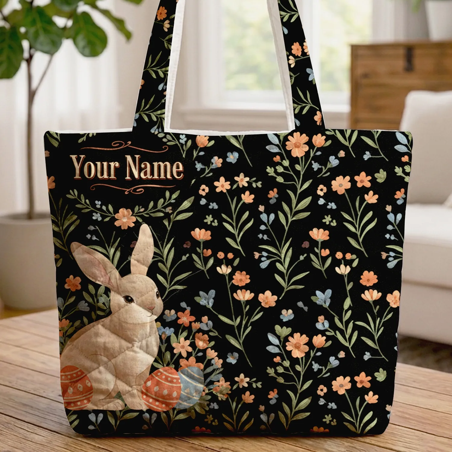 Personalized Rabbit Easter Eggs Your Name Floral - Easter Gift Quilted Tote Bag - 1
