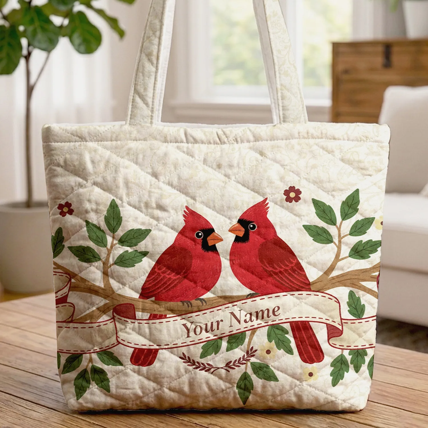 Red Cardinal Birds Personalized Name Foliage - Nature Lover Home Decor Gift Quilted Tote Bag - 1
