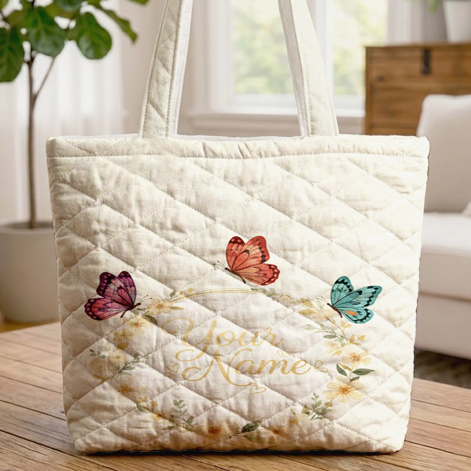 Butterflies Blooming Flowers Green Leaves Floral Wreath - Everyday Tote for Women Quilted Tote Bag - 1