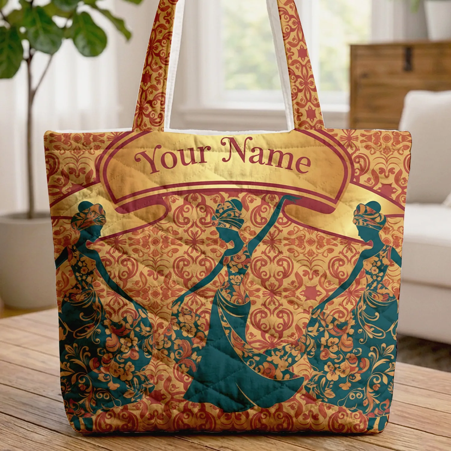 Women Silhouettes Headwraps Scrollwork - Everyday Accessory Gift Quilted Tote Bag - 1