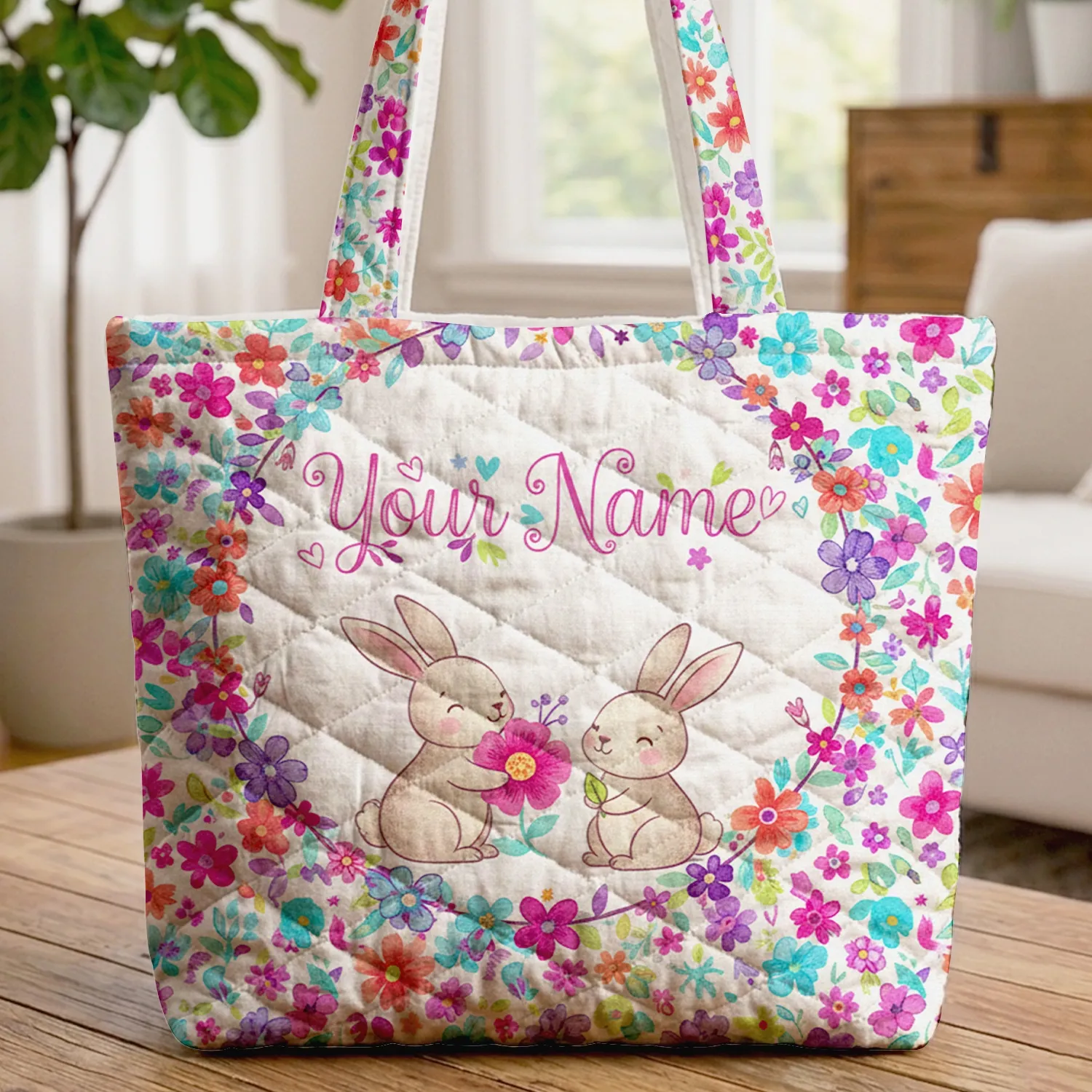 Bunnies Flowers Leaves Butterflies Wreath Name - Keepsake Gift Quilted Tote Bag - 1