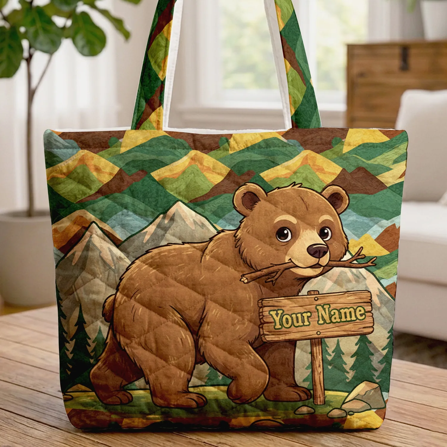 Personalized Brown Bear Cub Mountain Forest Rolling Hills - Wildlife Lover Gift Quilted Tote Bag - 1