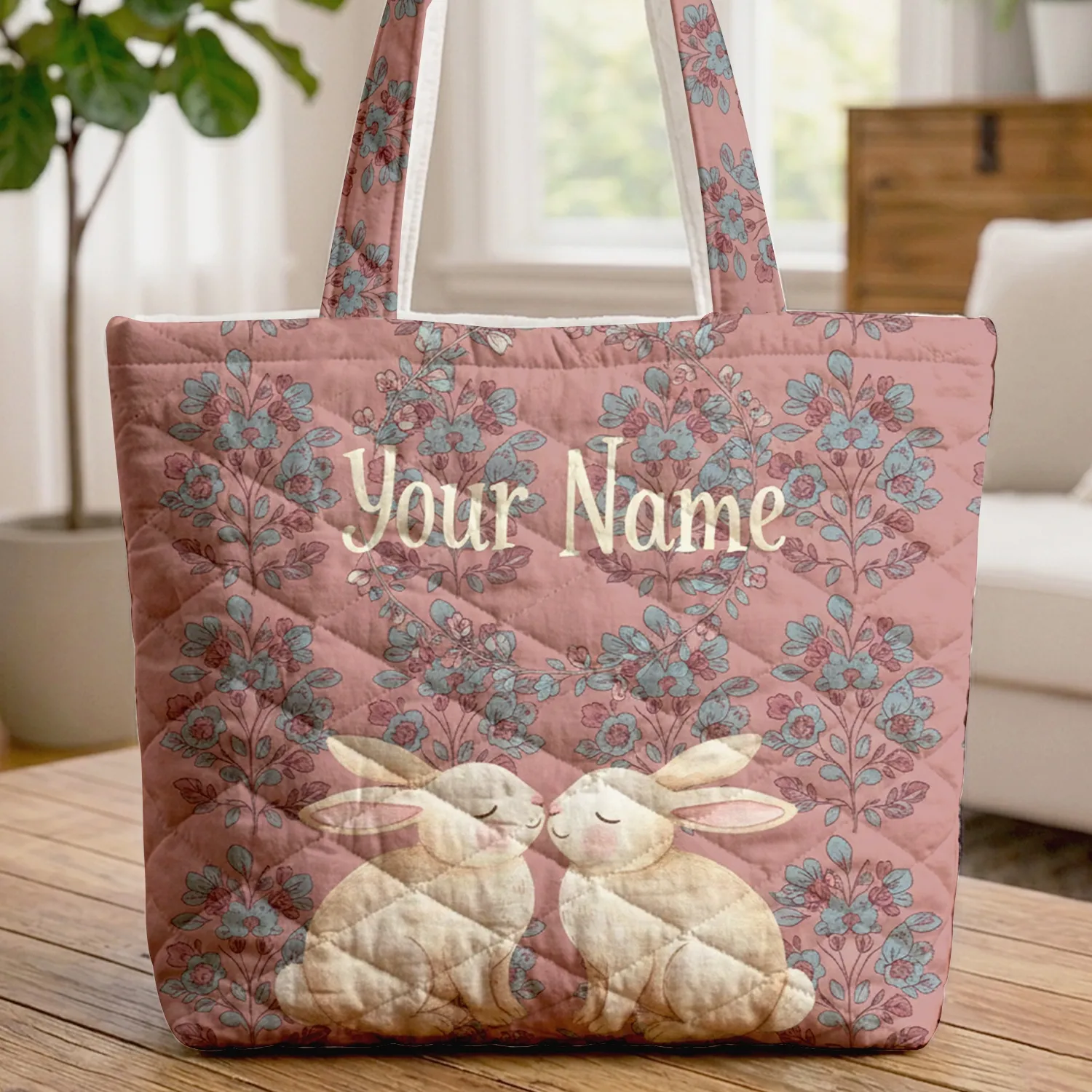 Nuzzling Bunnies Floral Wreath Leaf Garland - Nature Lover Gift Quilted Tote Bag - 1