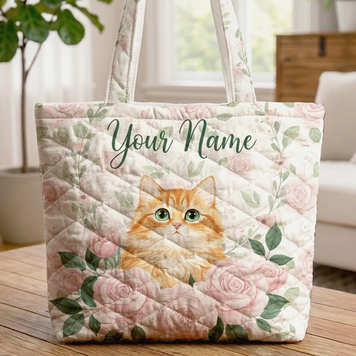 Fluffy Ginger Cat Soft Pink Roses Floral Wreath Name - Personalized Cat Lover Gift Quilted Tote Bag - 1