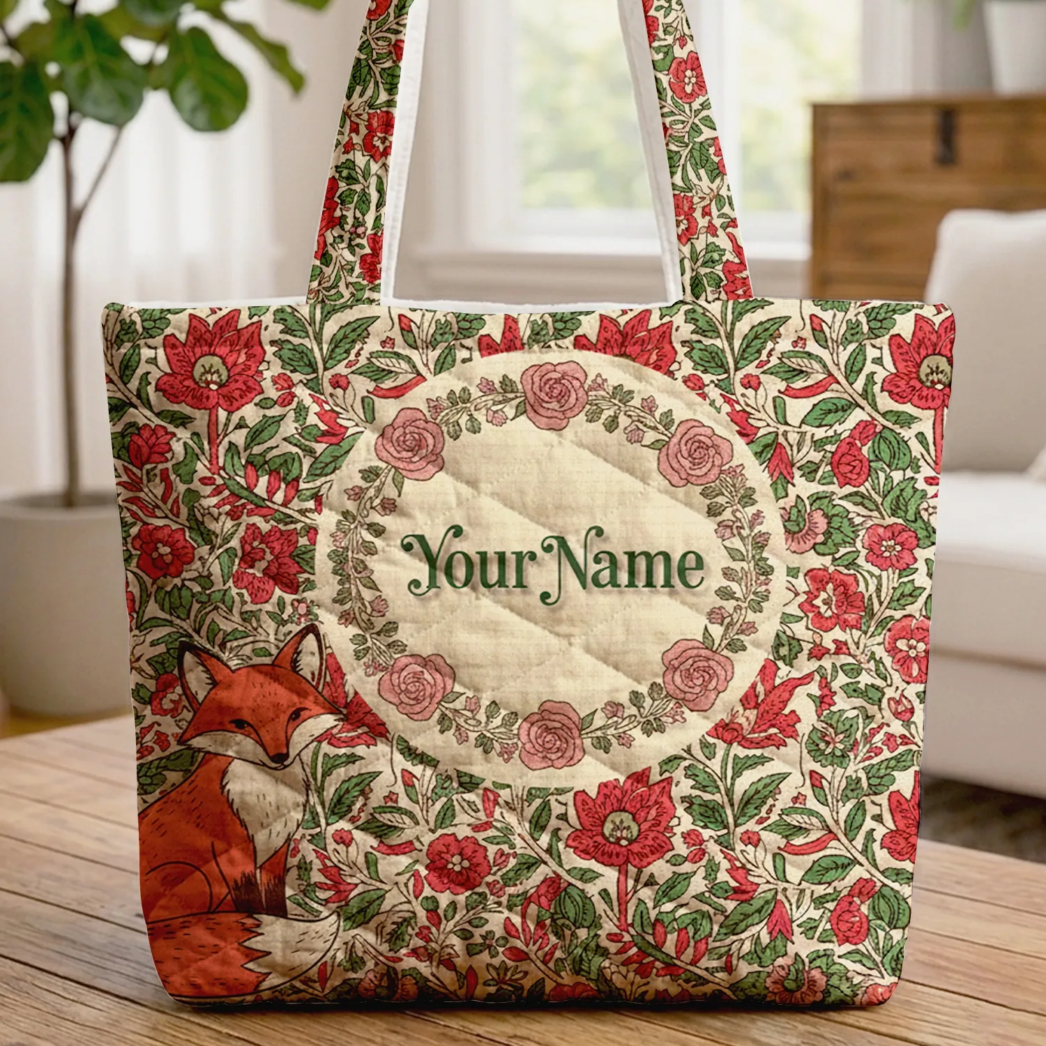 Indian Floral Fox Dense Botanical Vines Personalized - Wildlife Lover Everyday Gift Quilted Tote Bag - 1