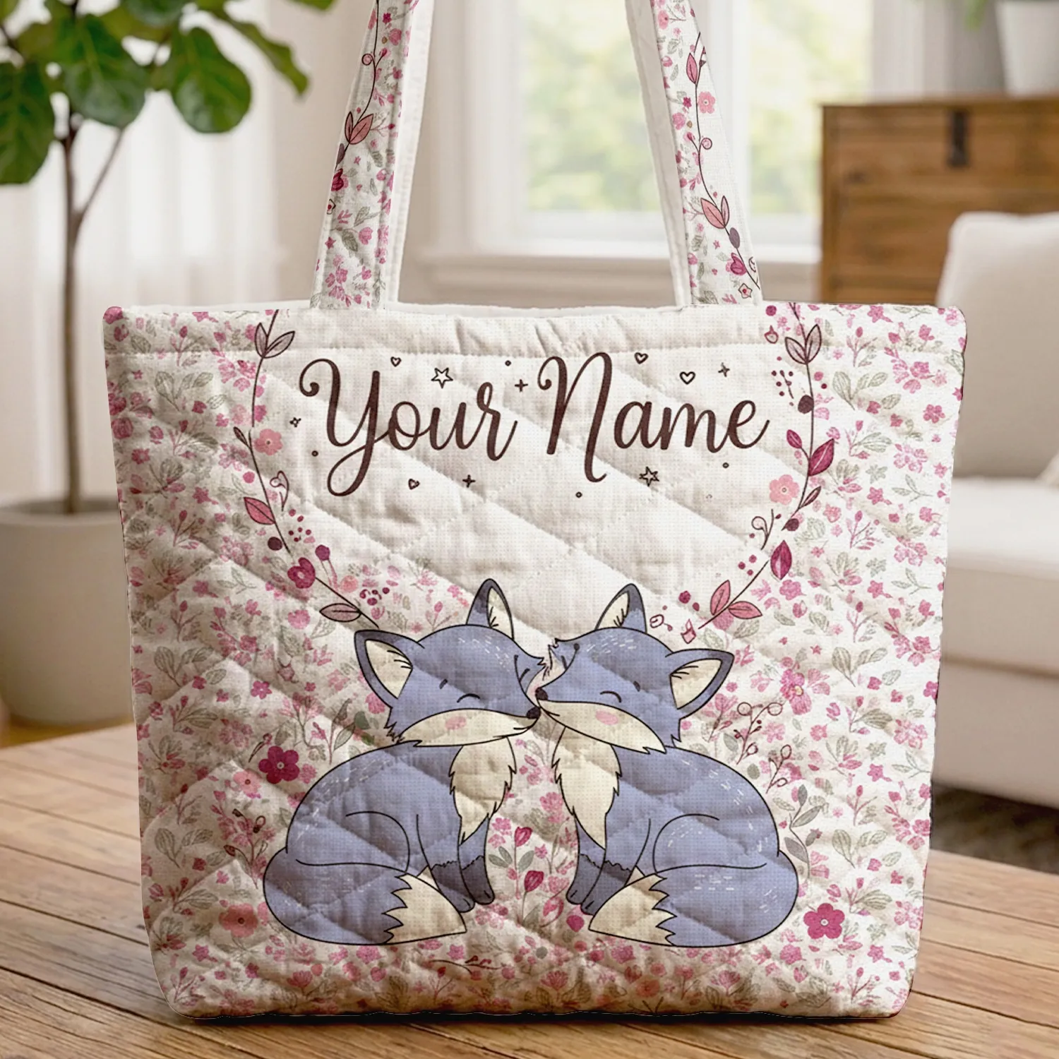 Fox Kits Nuzzling Wildflowers Name Wreath - Wildlife Lover Gift Quilted Tote Bag - 1