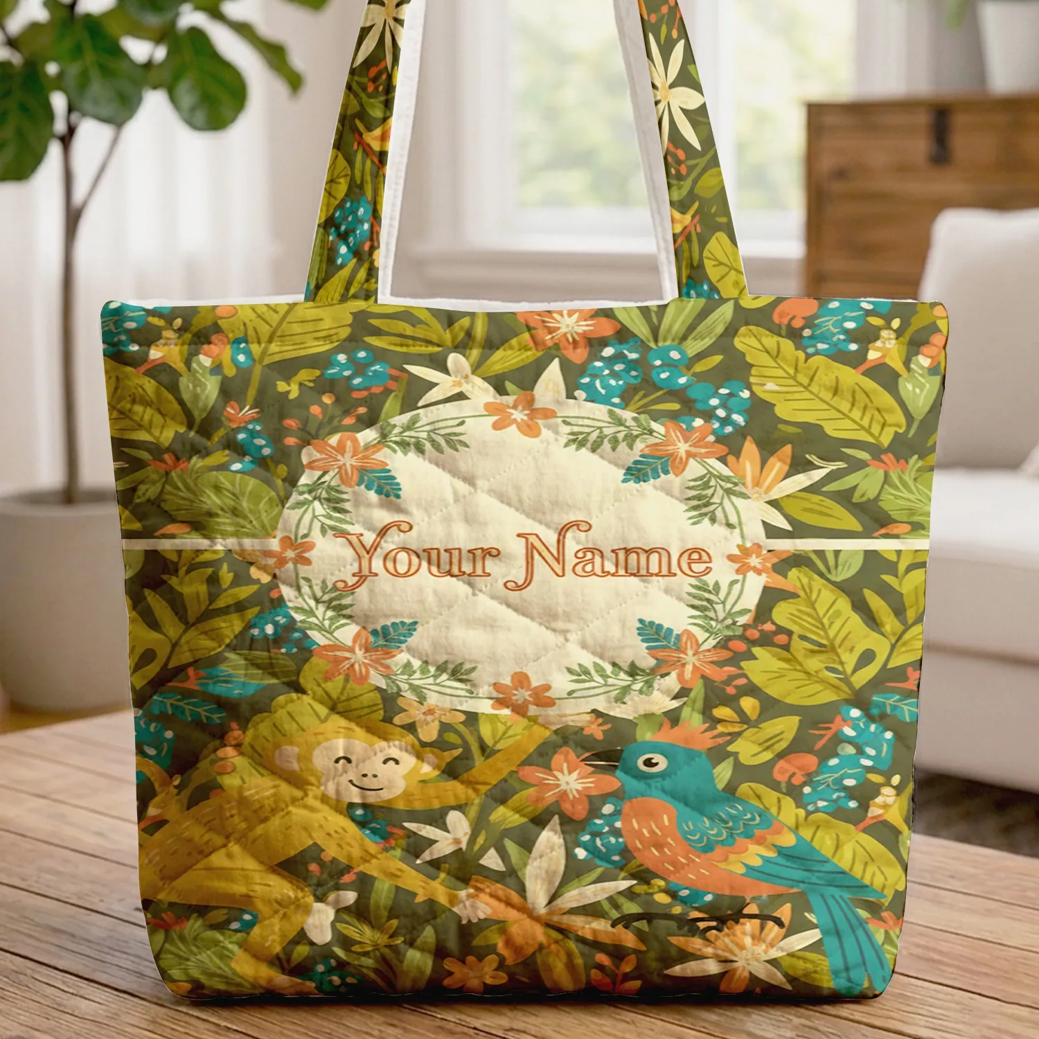 Monkey Exotic Bird Tropical Foliage Floral Wreath - Wildlife Lover Everyday Tote Quilted Tote Bag - 1