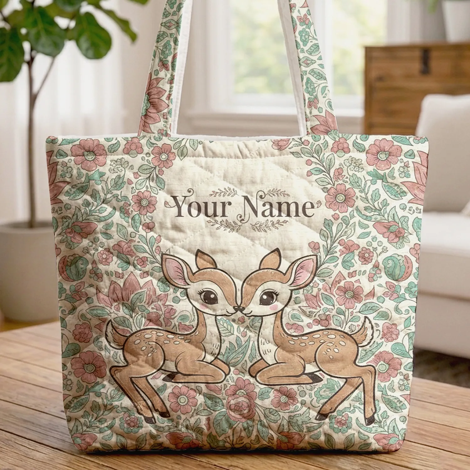Deer Fawns Indian Floral Blossoms Berries Wildflower Wreath Wildlife Lover Gift Quilted Tote Bag - 1