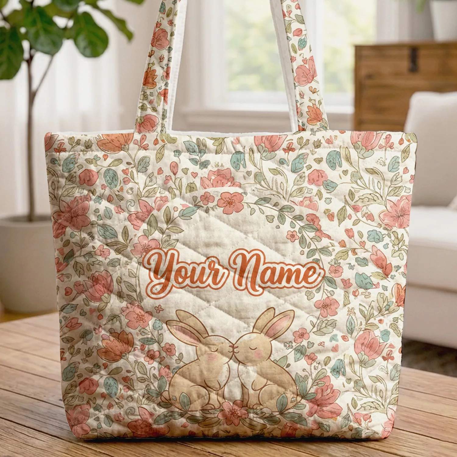 Personalized Nuzzling Bunnies Floral Name - Everyday Nature Lover Gift Quilted Tote Bag - 1