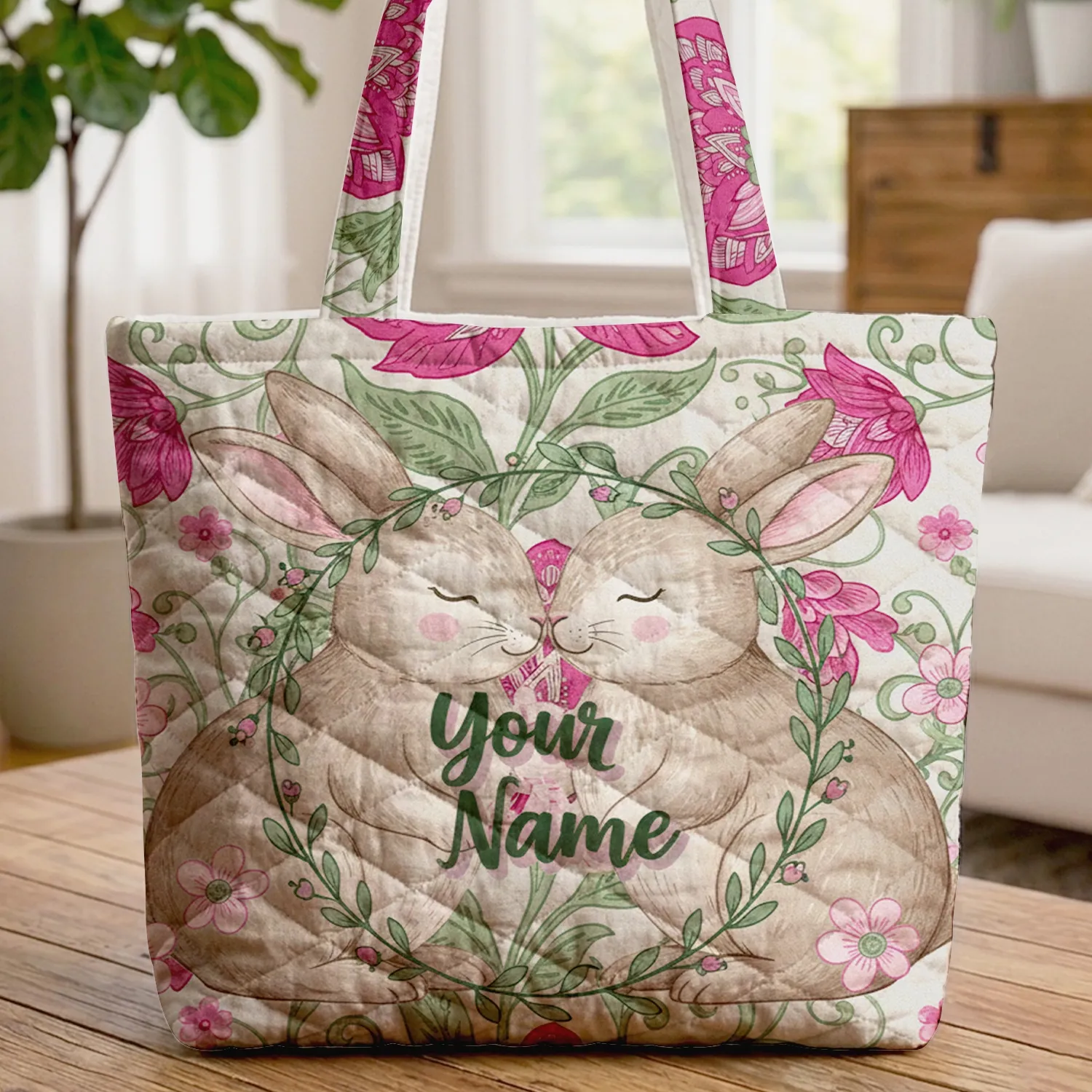 Nuzzling Bunnies Wildflowers Fuchsia Flowers - Everyday Gift for Nature Lover Quilted Tote Bag - 1