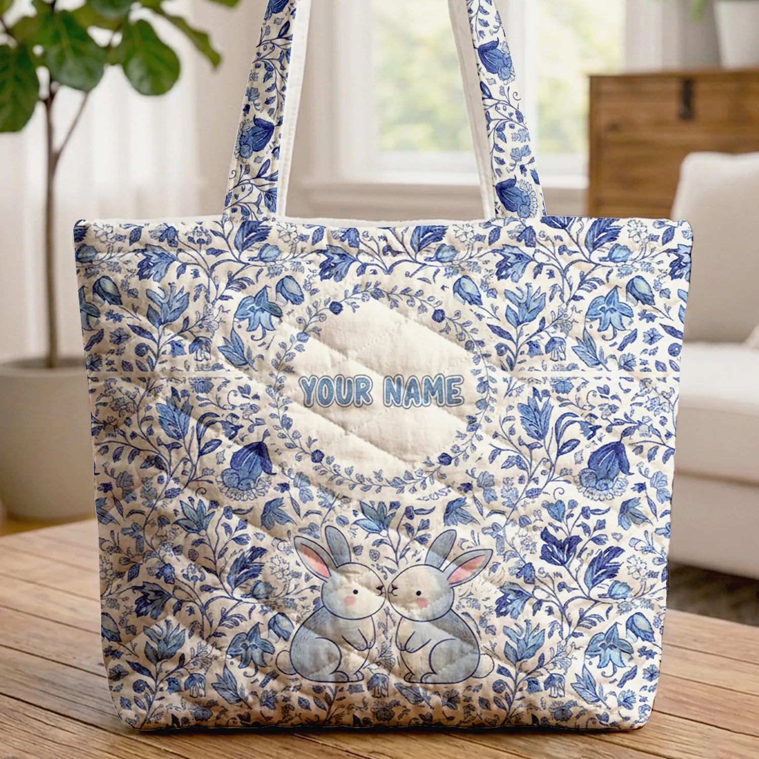 Nuzzling Bunnies Botanical Floral Wreath Your Name - Nature Everyday Gift Quilted Tote Bag - 1