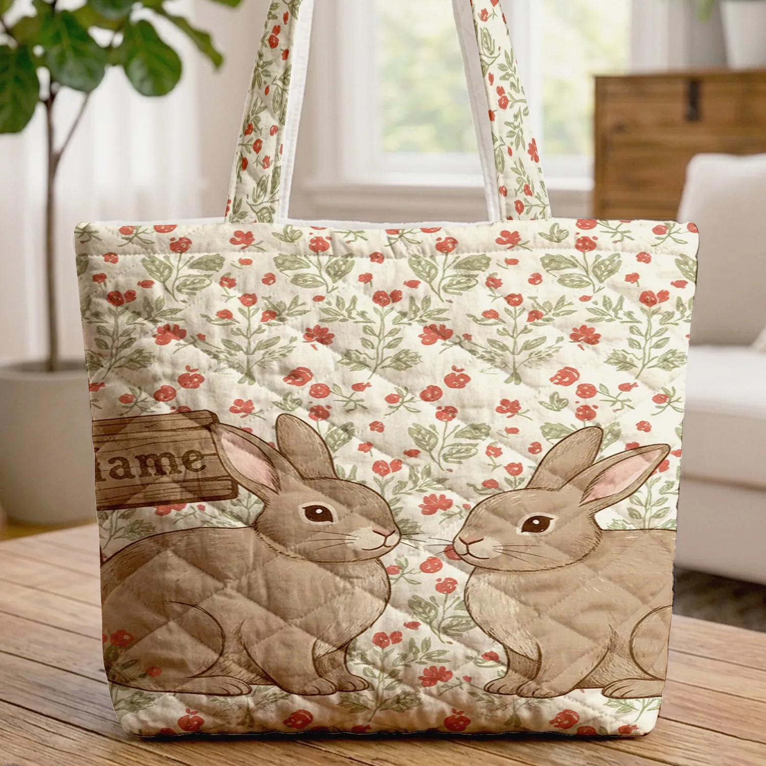Bunnies Red Berries Flowers Personalized Name Sign - Everyday Carry Tote for Children Quilted Tote Bag - 1