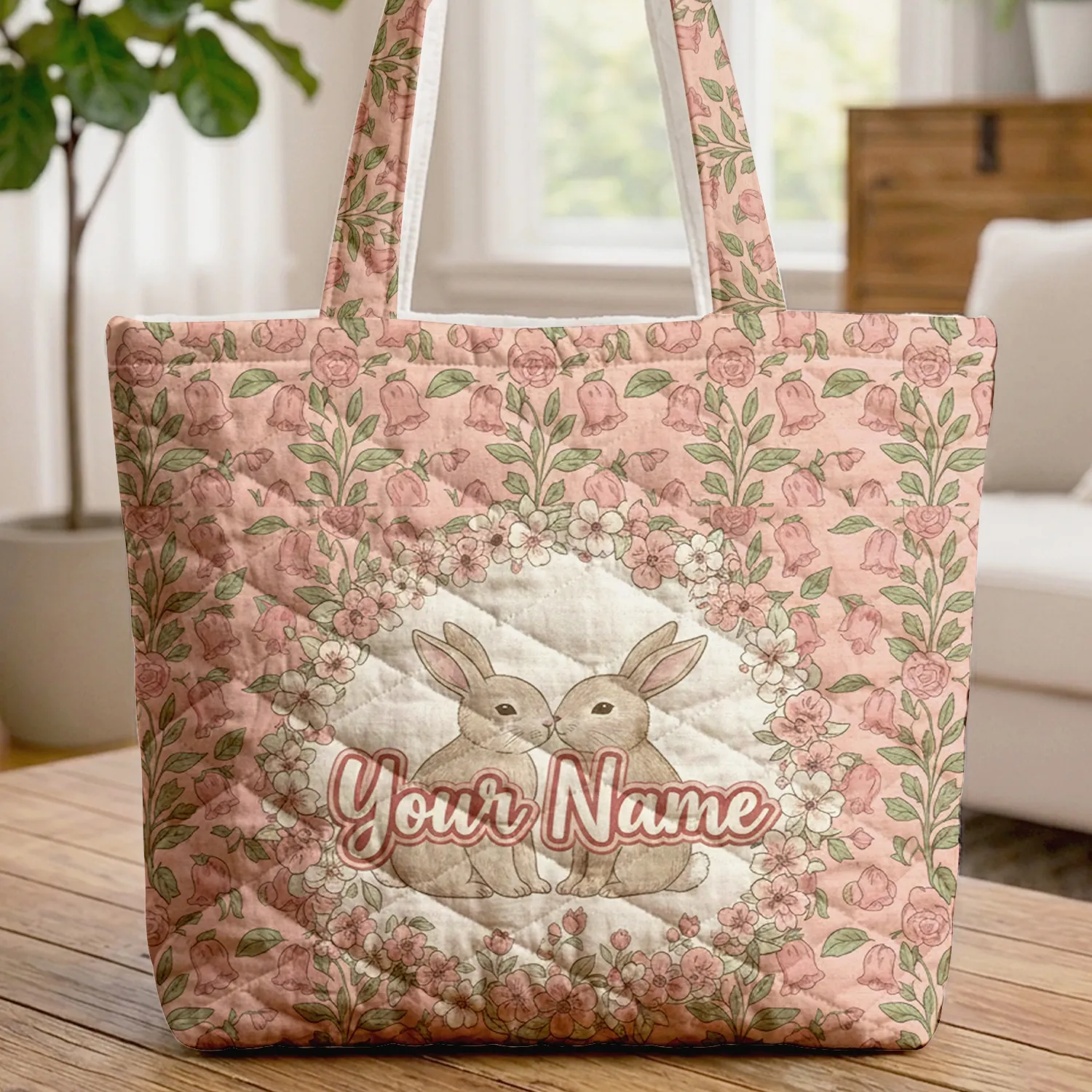 Nuzzling Bunnies Wildflower Wreath - Personalized Lifestyle Gift for Her Quilted Tote Bag - 1