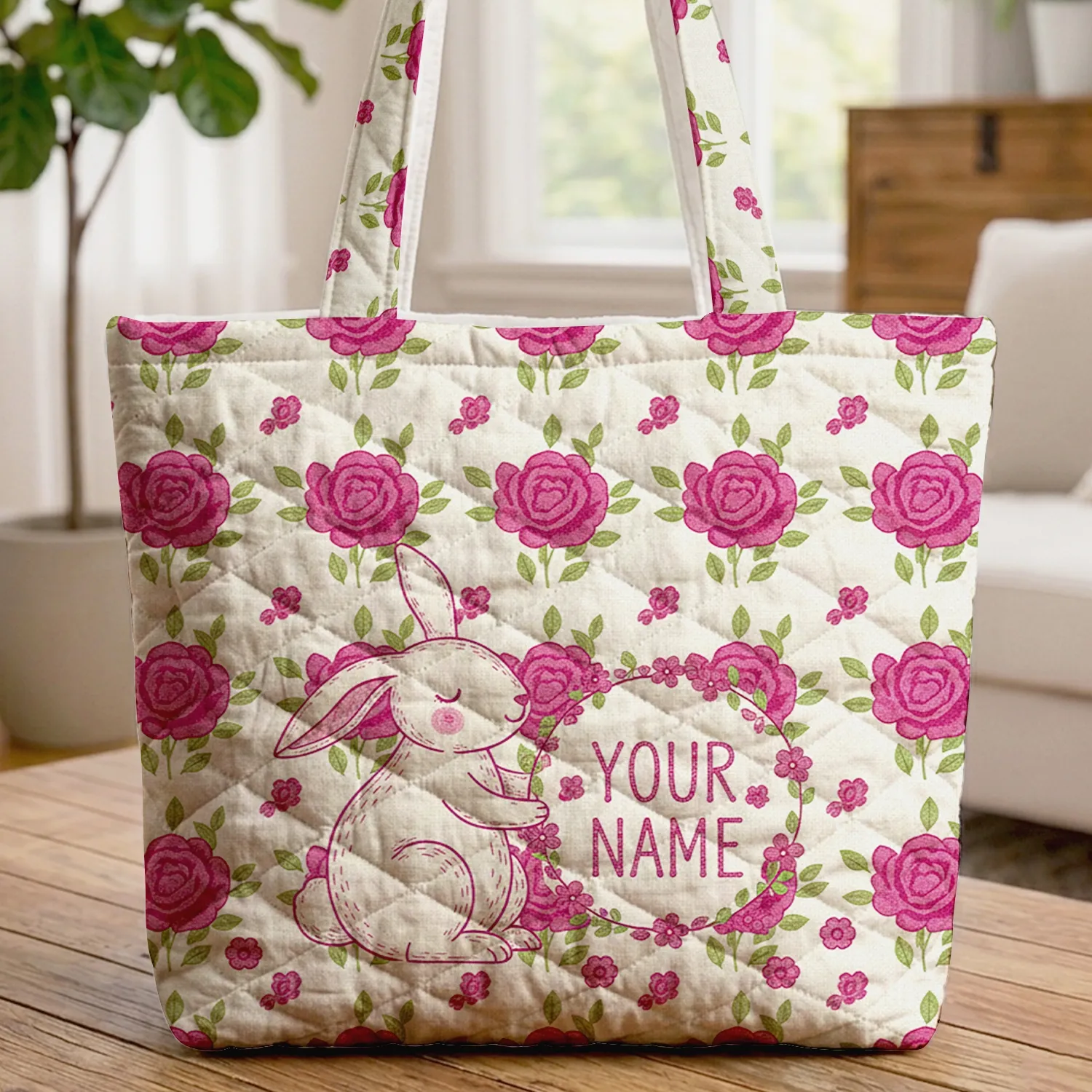 Bunny Fuchsia Roses Small Flowers Floral Wreath Personalized Keepsake Gift for Kids Quilted Tote Bag - 1