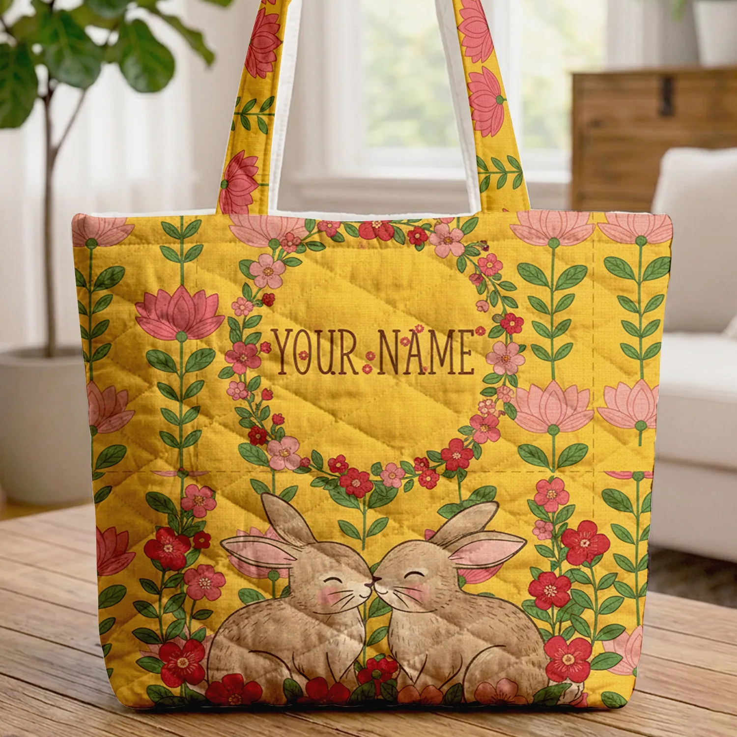 Bunnies Lotus Flowers Floral Wreath - Everyday Essentials - Bunny Lover Gift Quilted Tote Bag - 1