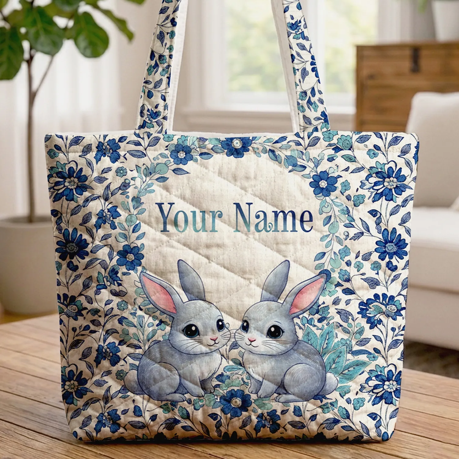 Two Bunnies Floral Wreath Blue Teal Flowers Leaves - Everyday Tote Nature Lover Gift Quilted Tote Bag - 1