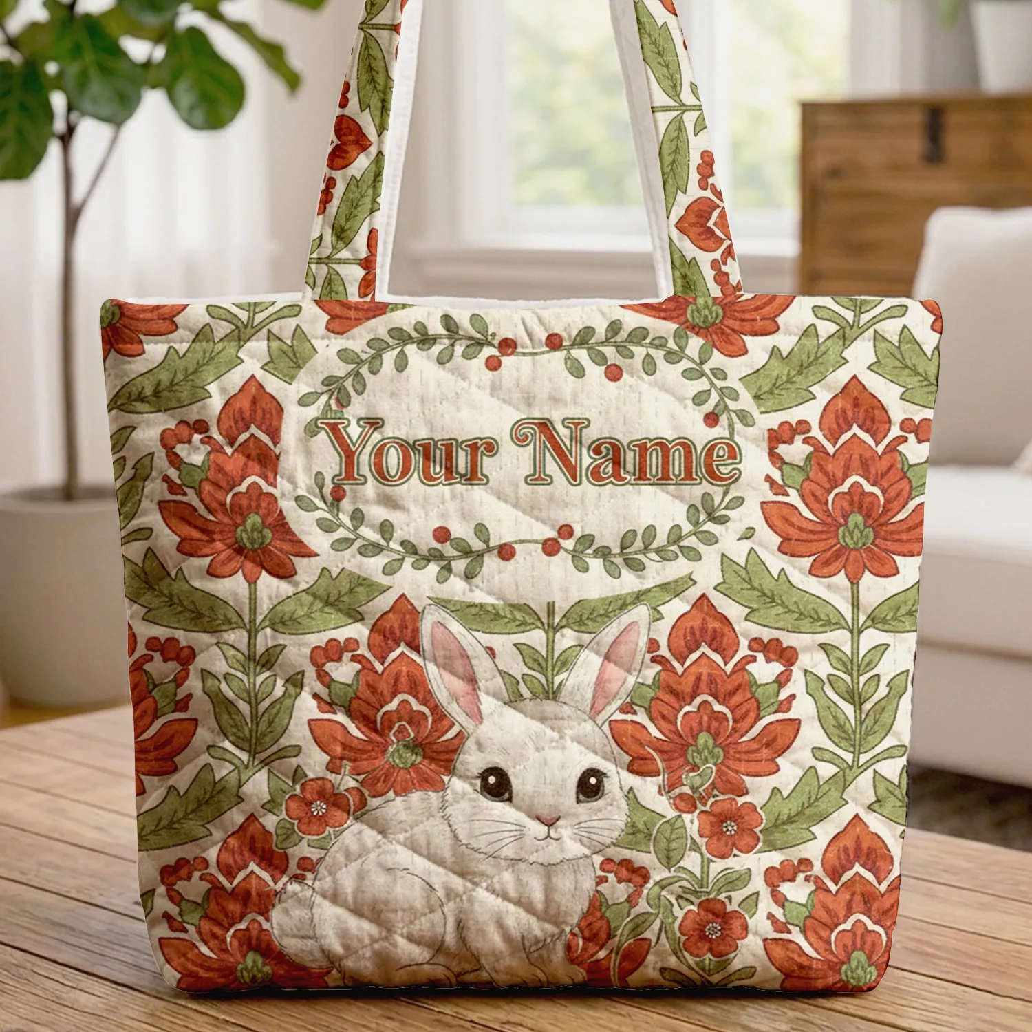 Fluffy White Bunny Personalized Name Botanical Flowers Nature Lover Gift Quilted Tote Bag - 1