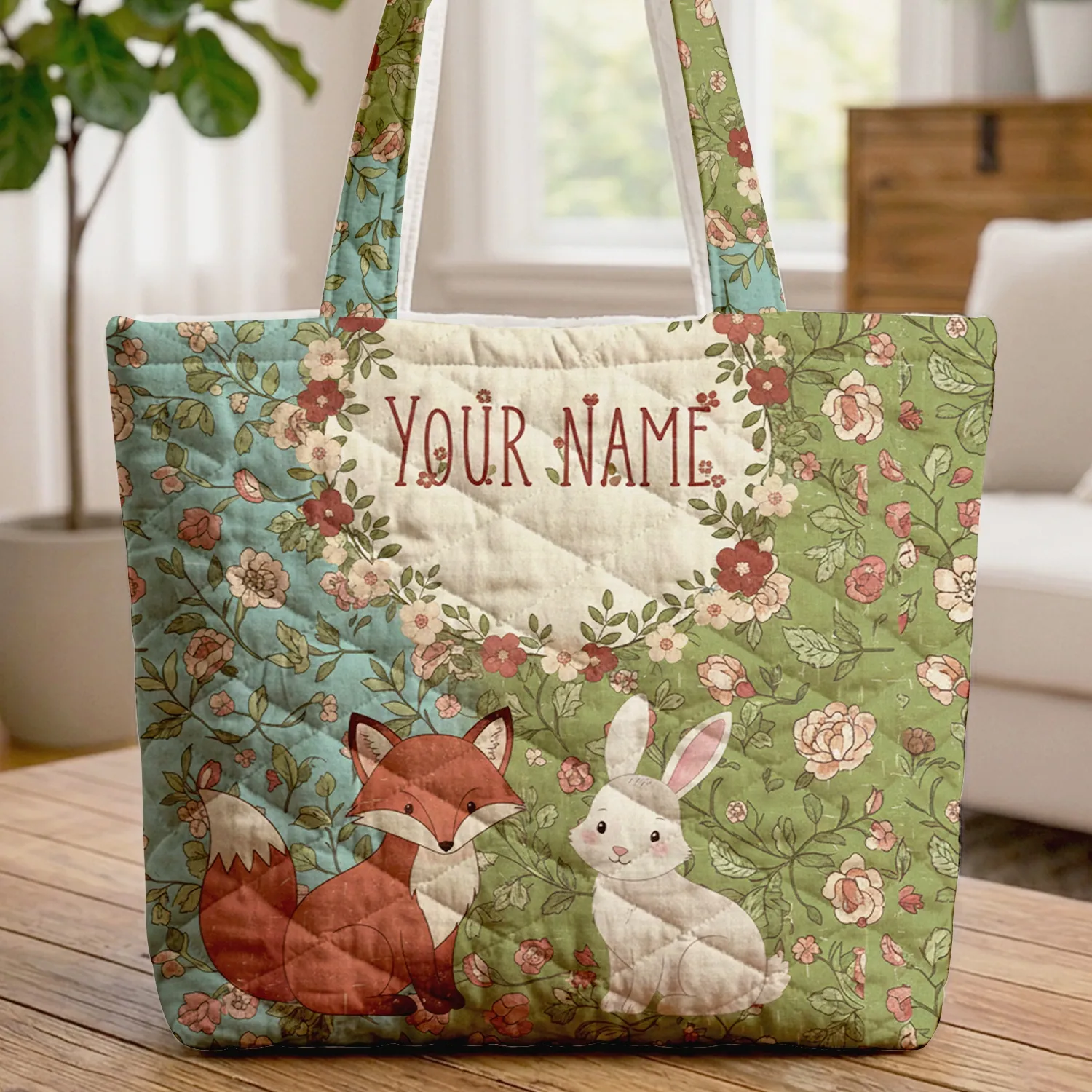 Fox Bunny Woodland Animals Floral Wreath Your Name - Nature Lover Gift Quilted Tote Bag - 1