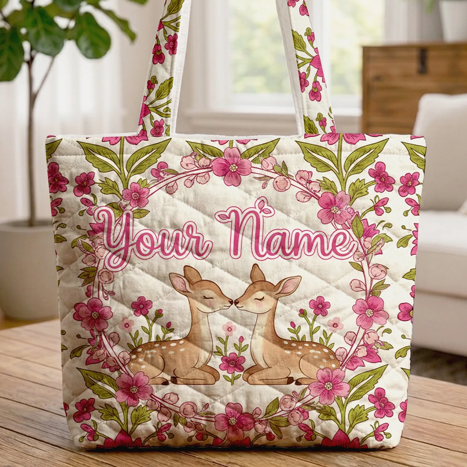 Personalized Nuzzling Fawns Floral Wreath Wildflowers - Nature Lover Everyday Gift Quilted Tote Bag - 1