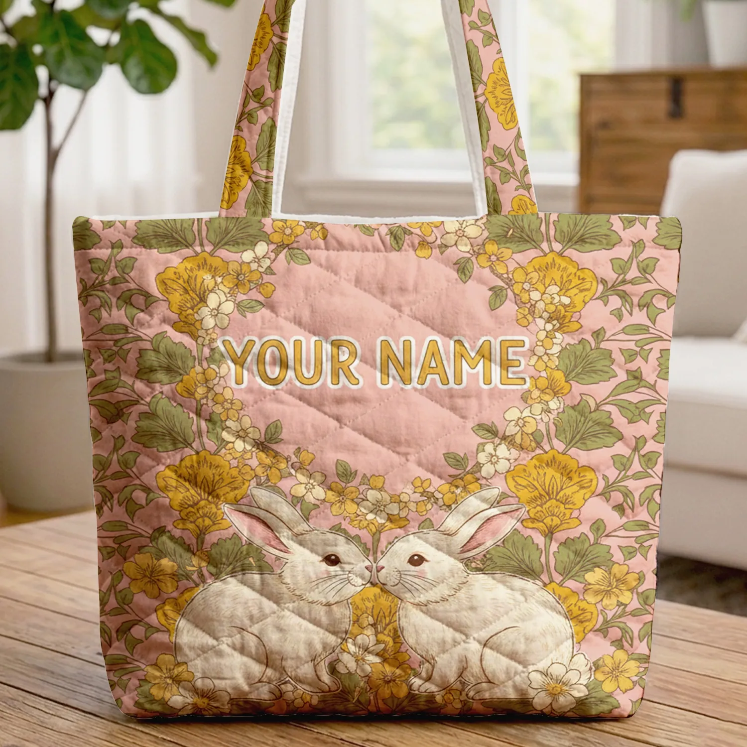 Nuzzling Bunnies Floral Wreath Your Name - Nature Lover Everyday Use Gift for Her Quilted Tote Bag - 1