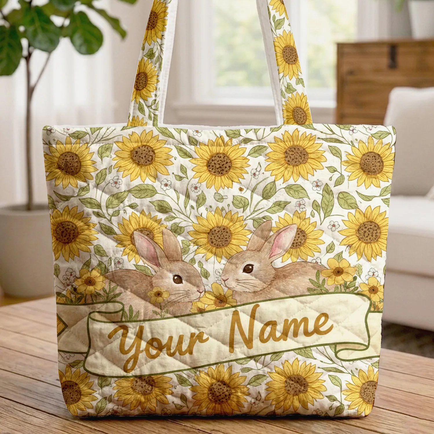 Nuzzling Bunnies Sunflowers Wildflowers Personalized - Wildlife Lover Gift Quilted Tote Bag - 1