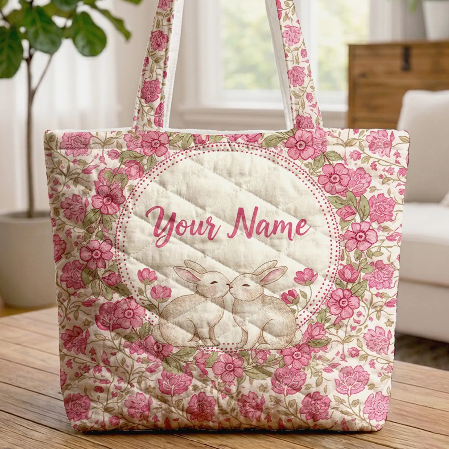 Fuchsia Pink Olive Green Floral Bunnies Personalized Name Wreath - Everyday Carry Gift for Her Quilted Tote Bag - 1