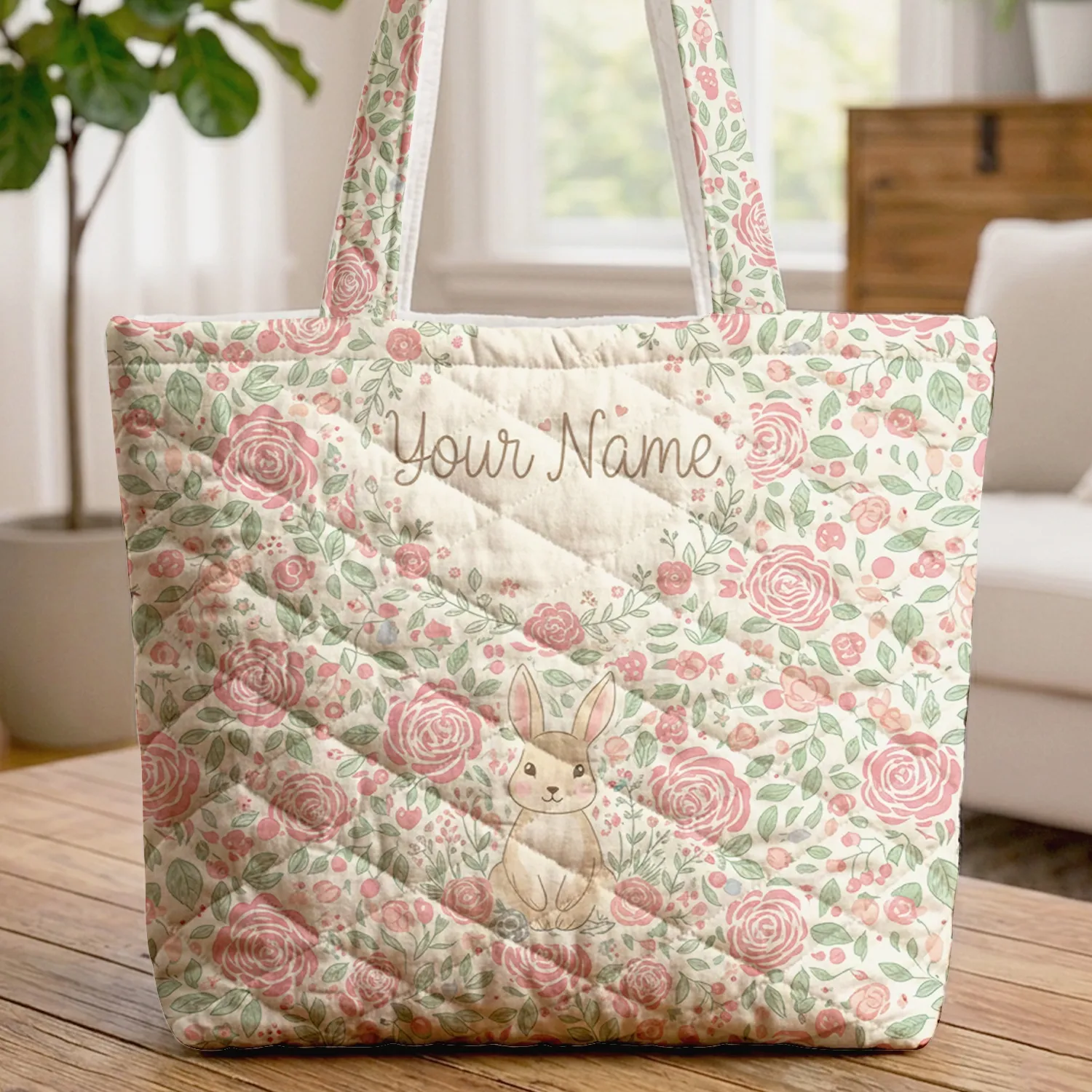 Folk Art Wild Roses Botanical Leaves Adorable Bunny Wildflowers Wreath - Everyday Tote Quilted Tote Bag - 1