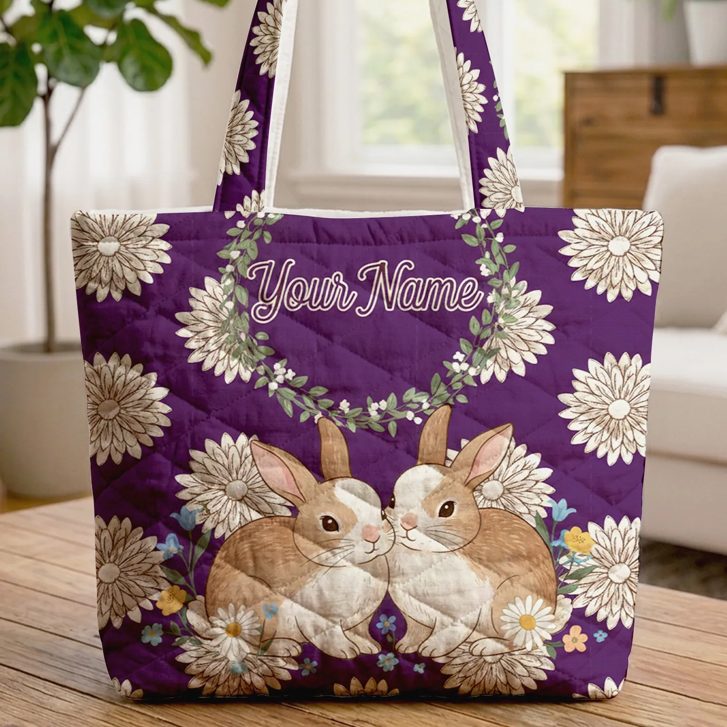 Nuzzling Rabbits Wildflower Chrysanthemum - Everyday Tote for Rabbit Lover Quilted Tote Bag - 1