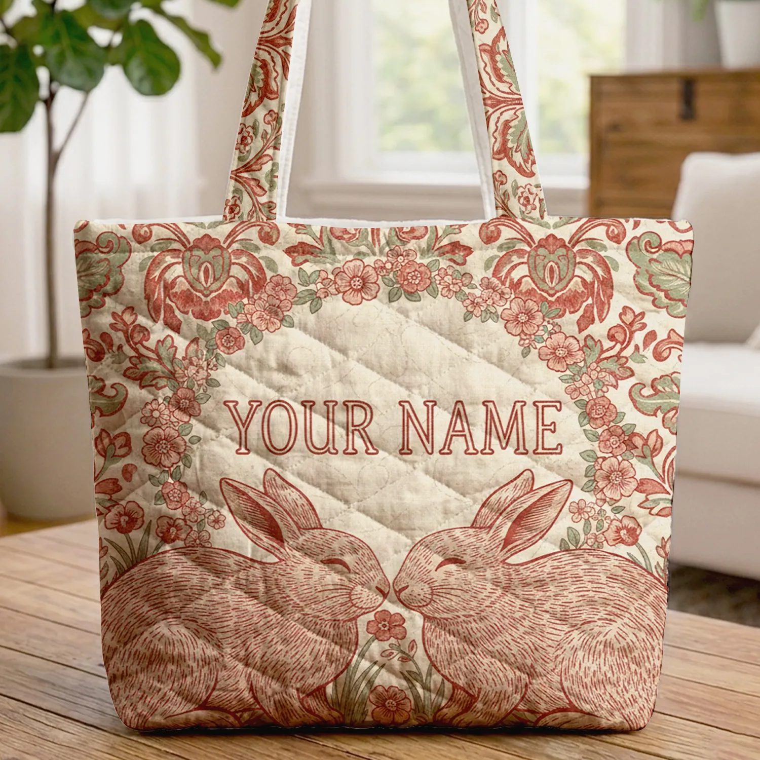 Bunnies Wildflower Floral Wreath Botanical - Everyday Tote Gift Quilted Tote Bag - 1
