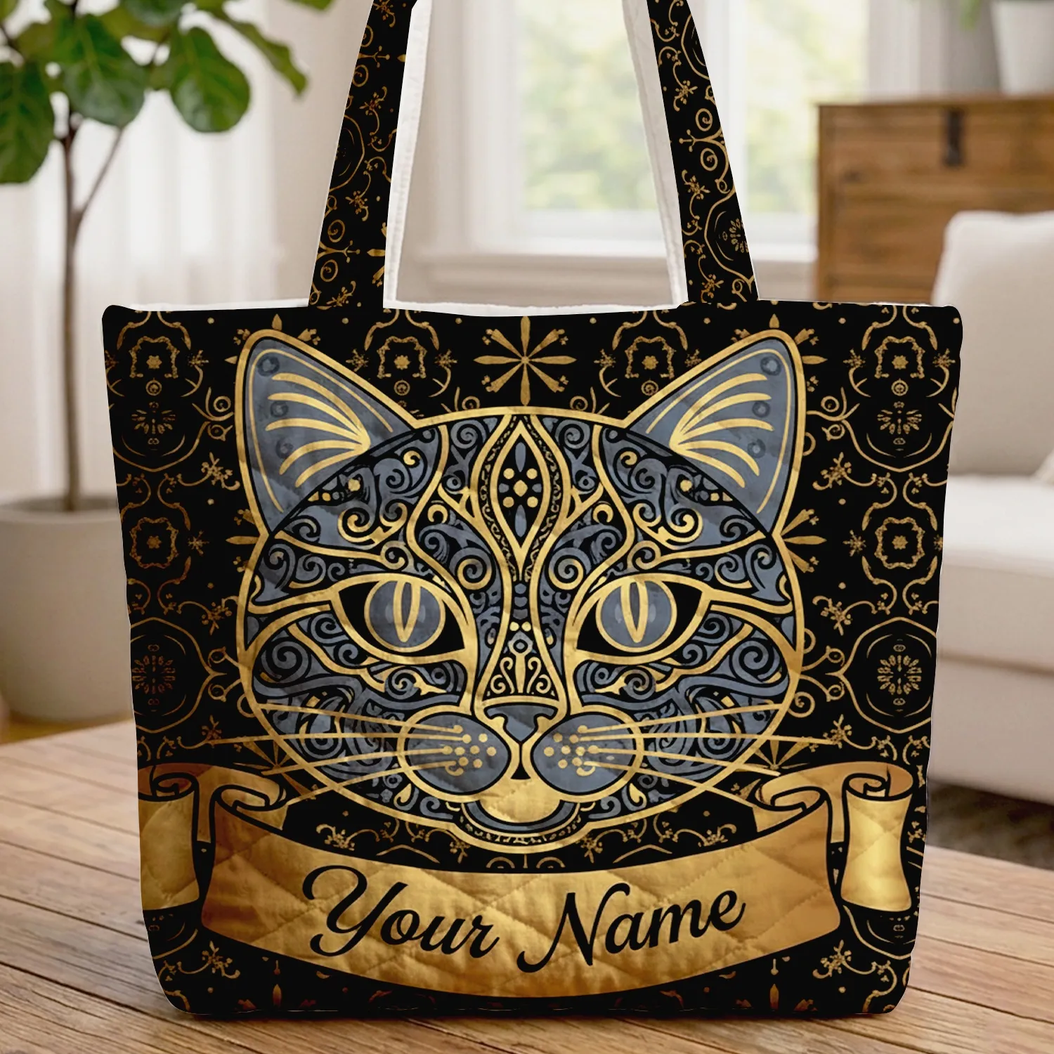 Black Gold Cat Scroll Swirls Stars - Everyday Tote for Cat Lover Quilted Tote Bag - 1