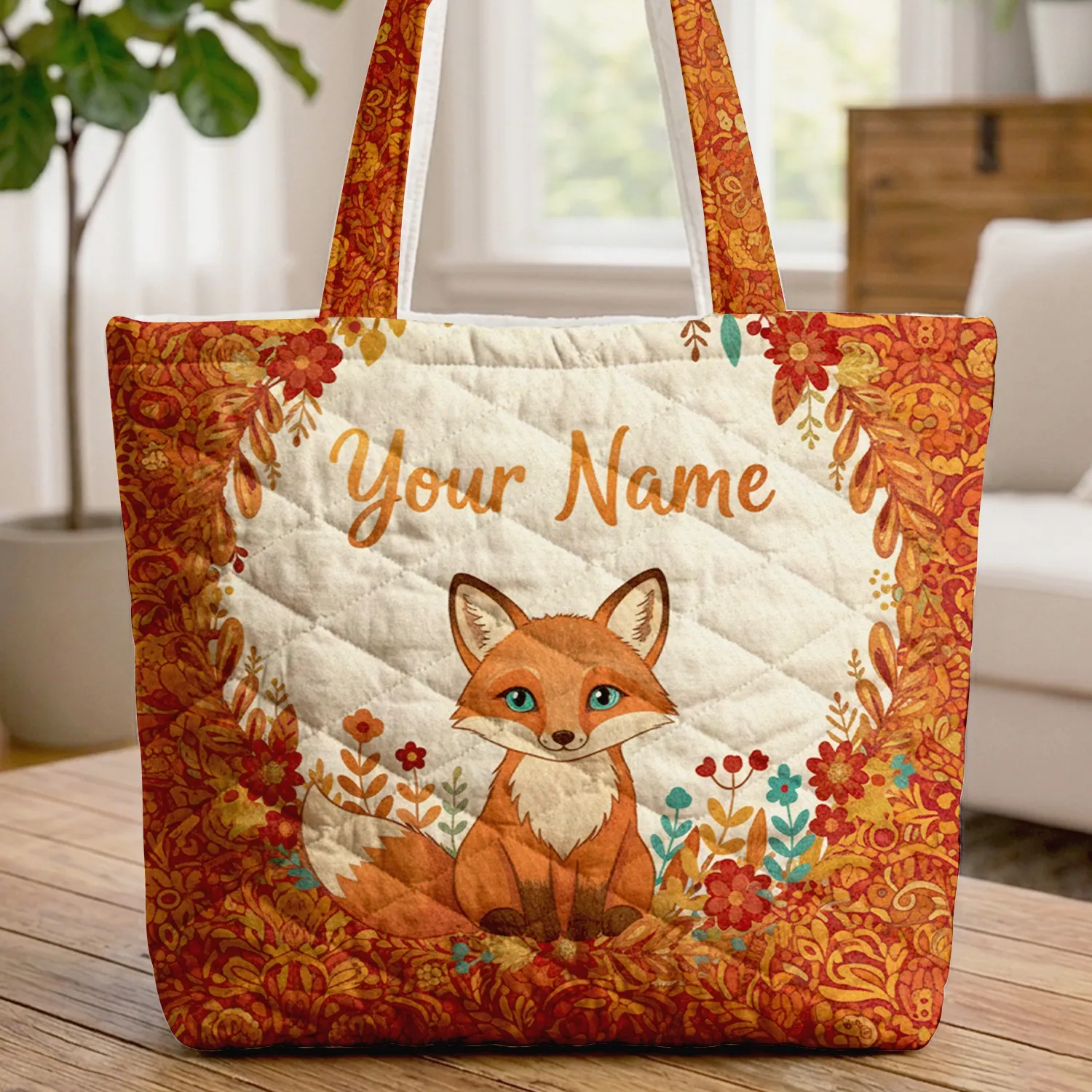 Fox Cub Wildflower Tribal Foliage Wreath - Wildlife Lover Gift Quilted Tote Bag - 1
