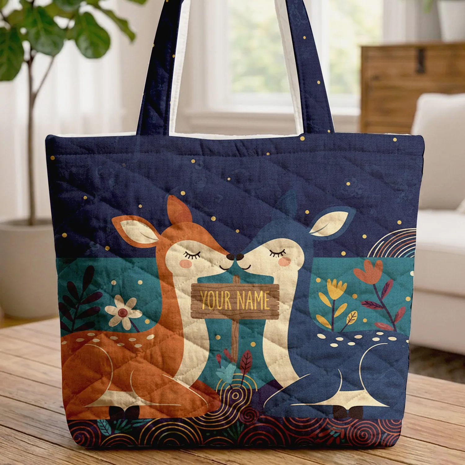 Deer Nuzzling Wildflowers Night Sky Name Sign - Wildlife Lover Gift Quilted Tote Bag - 1