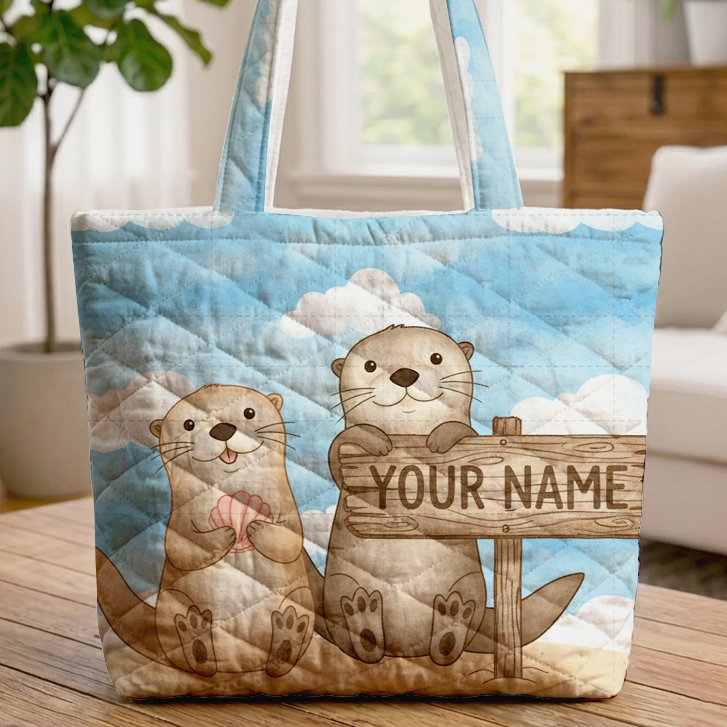 Sea Otters Sandy Beach Ocean Waves Rustic Wooden Sign - Ocean Life Gift for Wildlife Lovers Quilted Tote Bag - 1