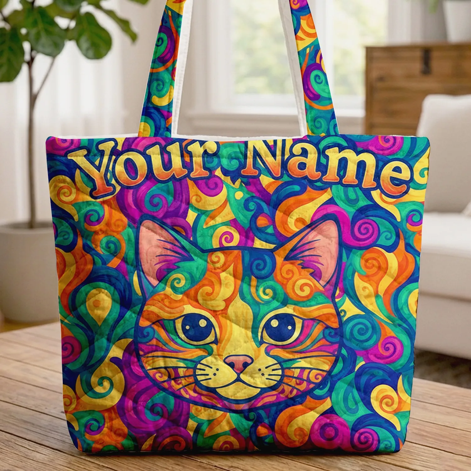 Cat Face Interwoven Spirals Fluid Color Blocks - Cat Lover Everyday Lifestyle Gift Quilted Tote Bag - 1