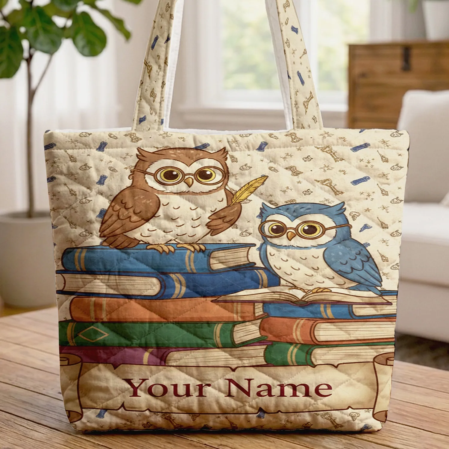 Wise Owls Spectacles Antique Books Quill Pens Ornate Keys Celestial Stars - Book Lover Gift Quilted Tote Bag - 1