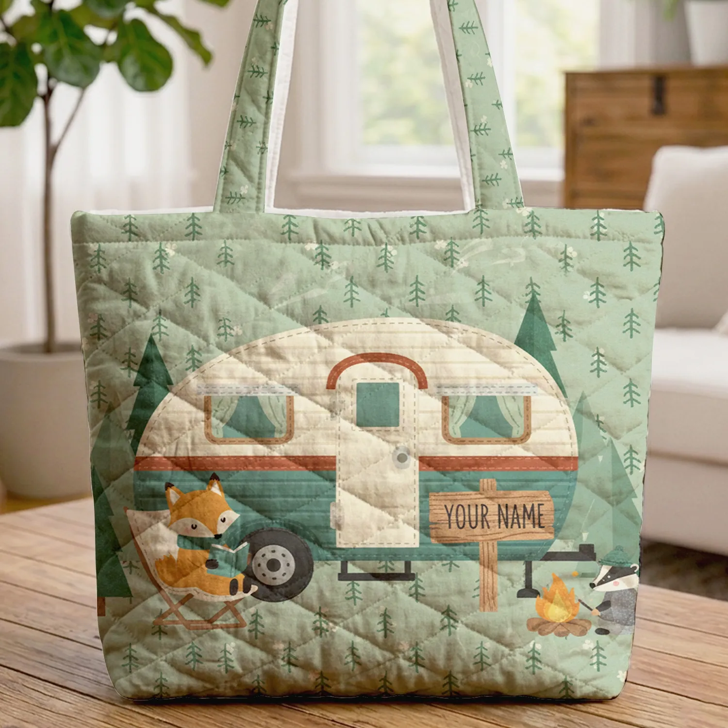 Vintage Travel Trailer Pine Tree Clover - Travel Essentials Gift Quilted Tote Bag - 1