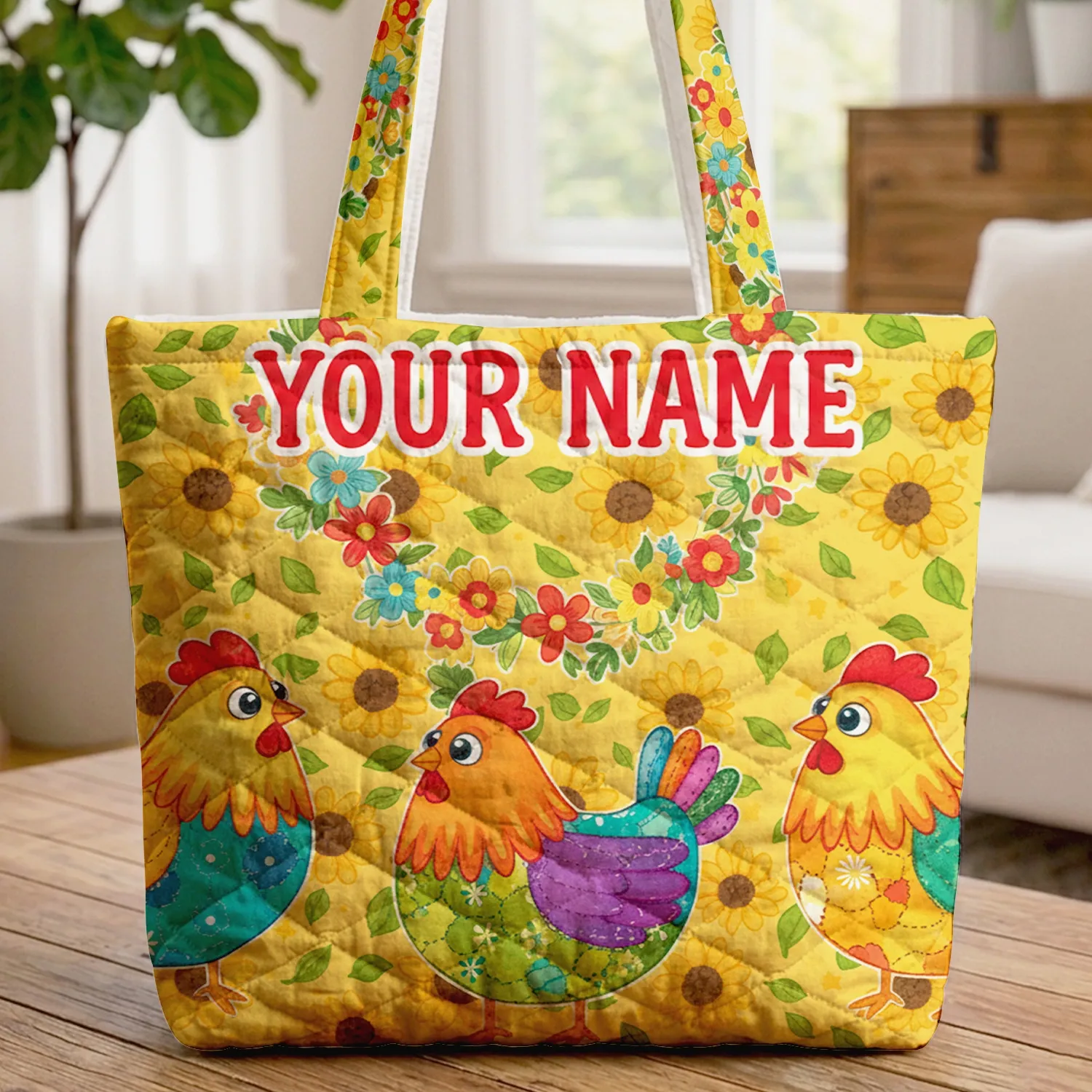 Patchwork Chickens Sunflowers Floral Wreath Personalized - Folk Art Lover Everyday Gift Quilted Tote Bag - 1