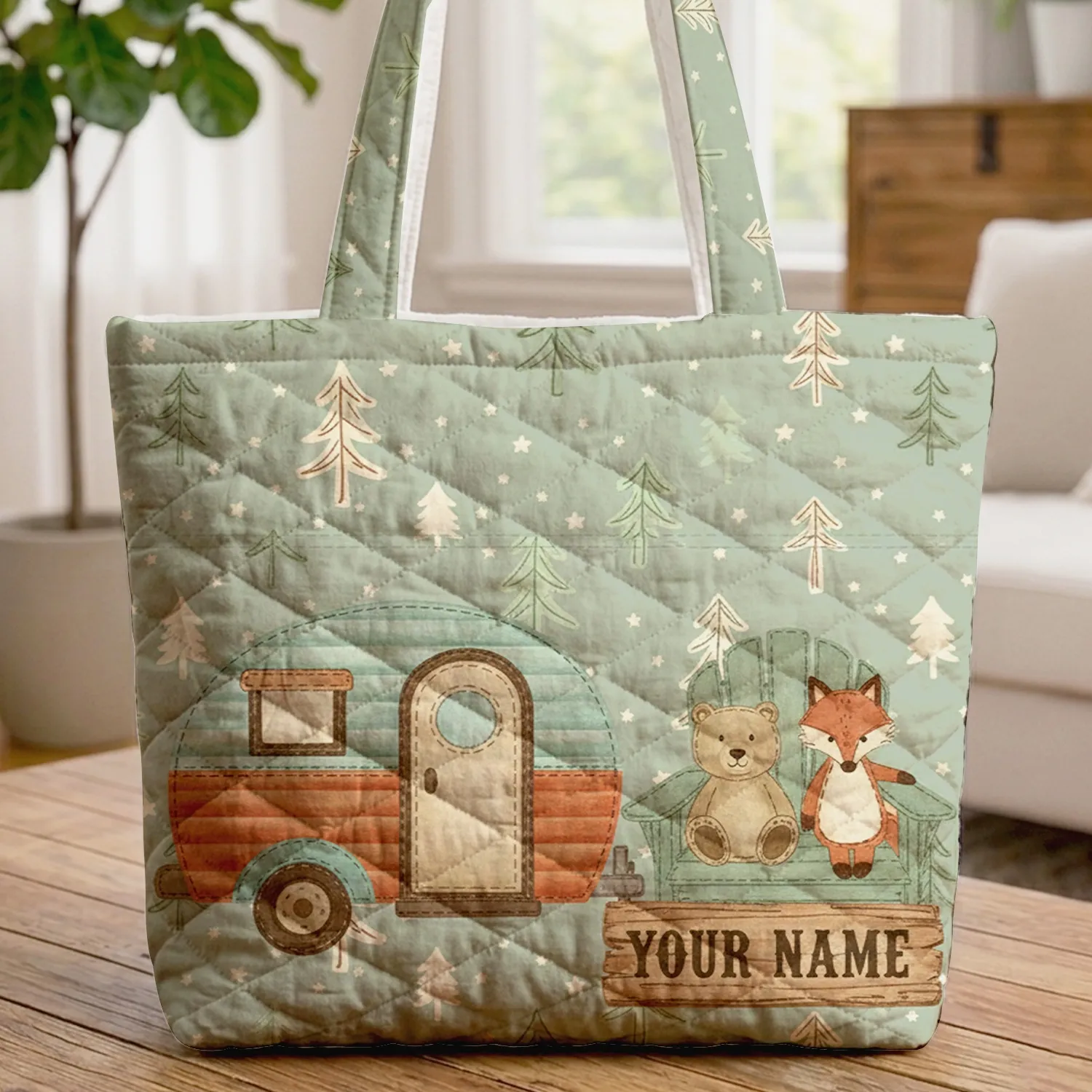 Vintage Camper Adirondack Chair Pine Tree Western Sign - Outdoor Camping Gift Quilted Tote Bag - 1