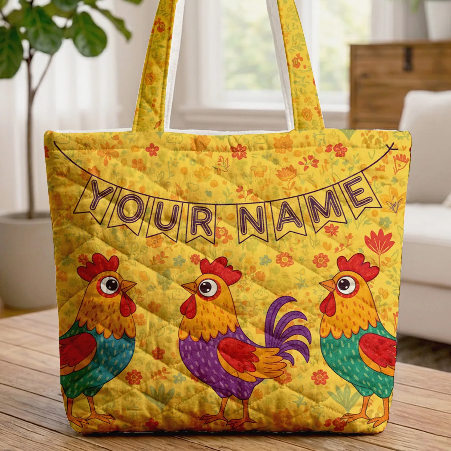 Multi-patterned Roosters Wildflower 'Your Name' Farmhouse Decor Everyday Gift Quilted Tote Bag - 1